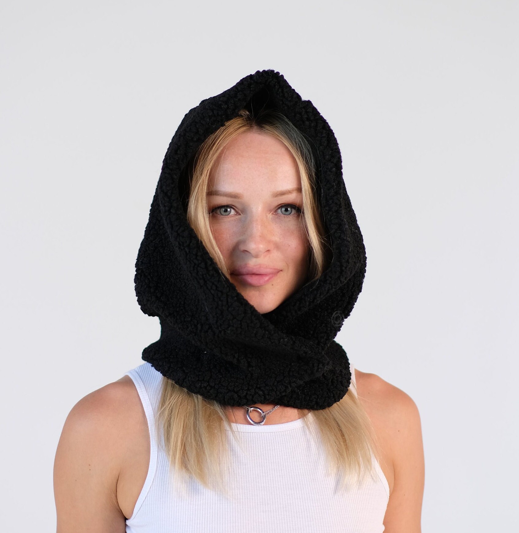 Black Hooded Scarf, Fleece Scarf Hoodie, Cowl Warm Scoodie, Hat, Snood Women, Neck Warmer, Trending Now, Gift For Her