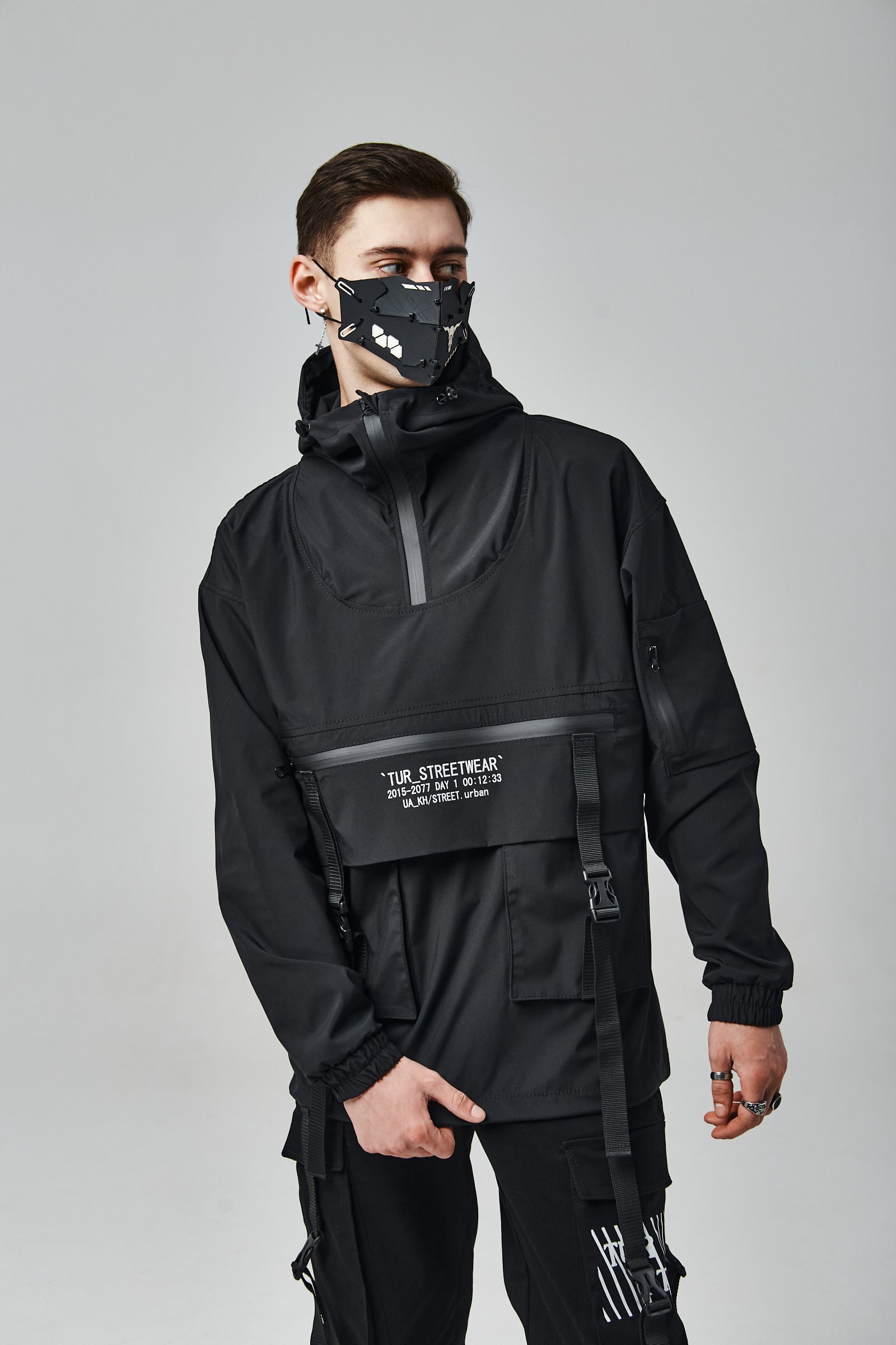 Black Jacket, Techwear, Cybergoth, Gothic Monogram Rain Racing Anorak, Aesthetic Goth Samurai Jacket