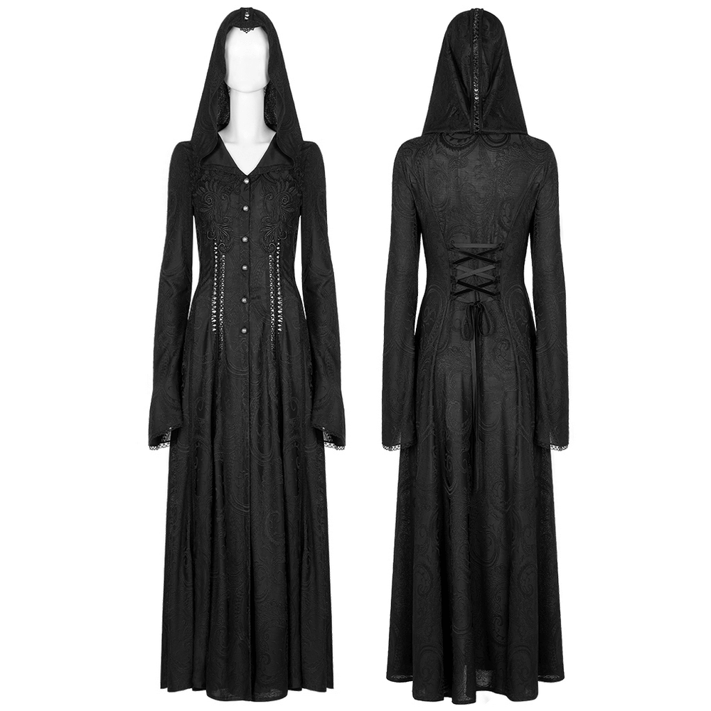 Black Lace Victorian Style Maxi Coat with Hood