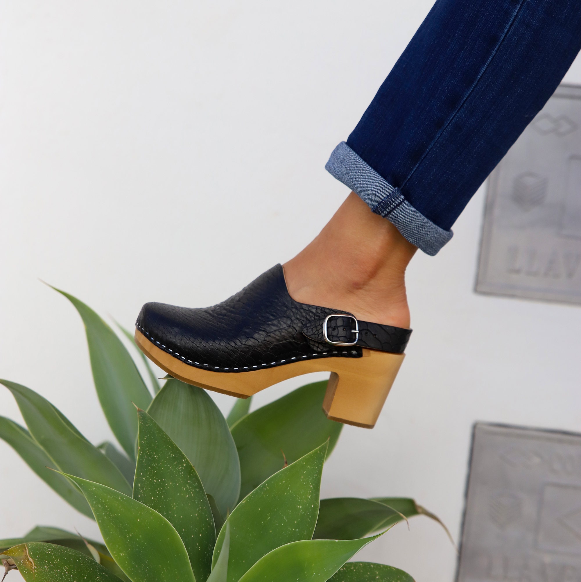 Black Leather Clogs With Pattern Mady By Kulikstyle