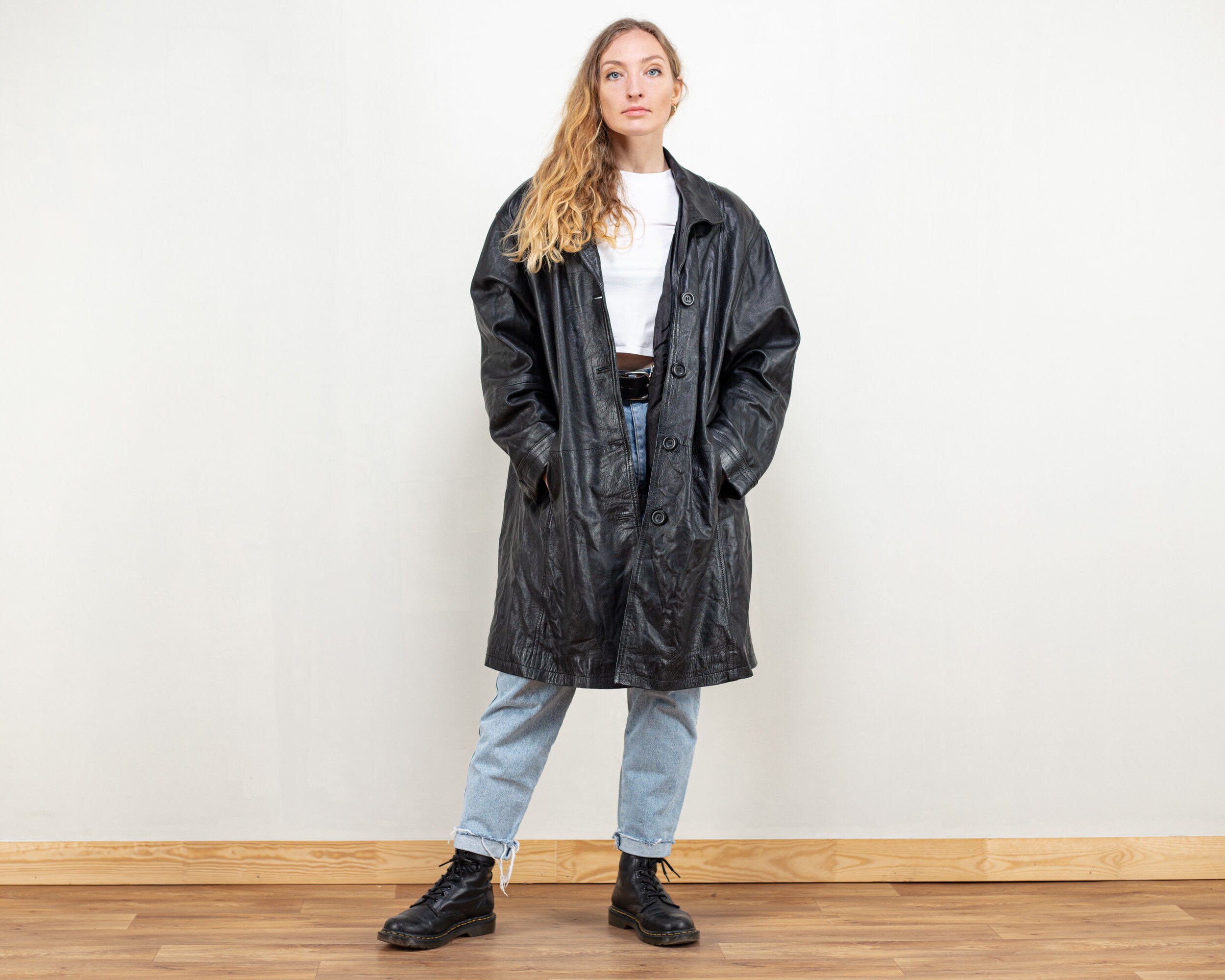 Black Leather Coat Vintage Oversized Leather Jacket Black Parka Coat Women Clothing Retro Minimalist Size Extra Large