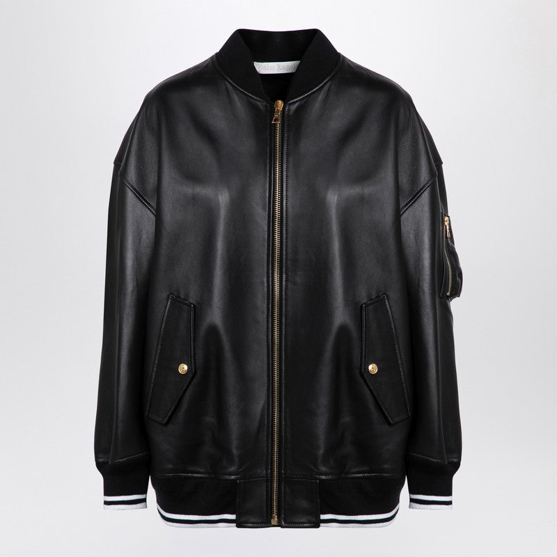 Black Leather College Bomber Jacket