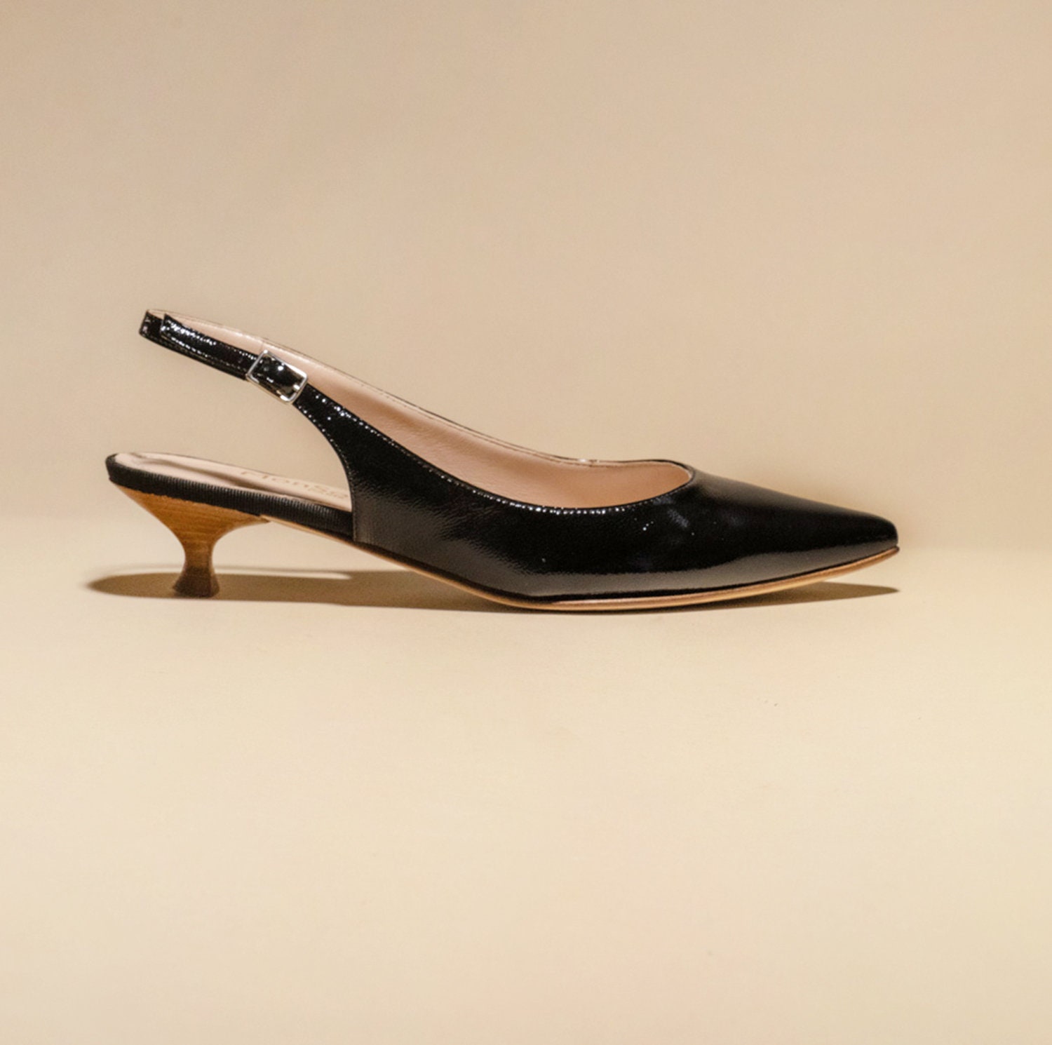 Black Leather Pointy Kitten Heel Pump, Black Patent Slingback, Slingback