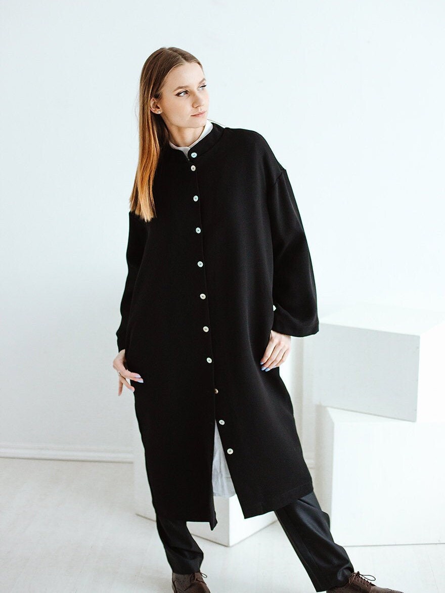 Black Long Blazer, Ready To Ship, Dress, Wool Clothing, Elegant Long Sleeve Dress, Button Down Dress