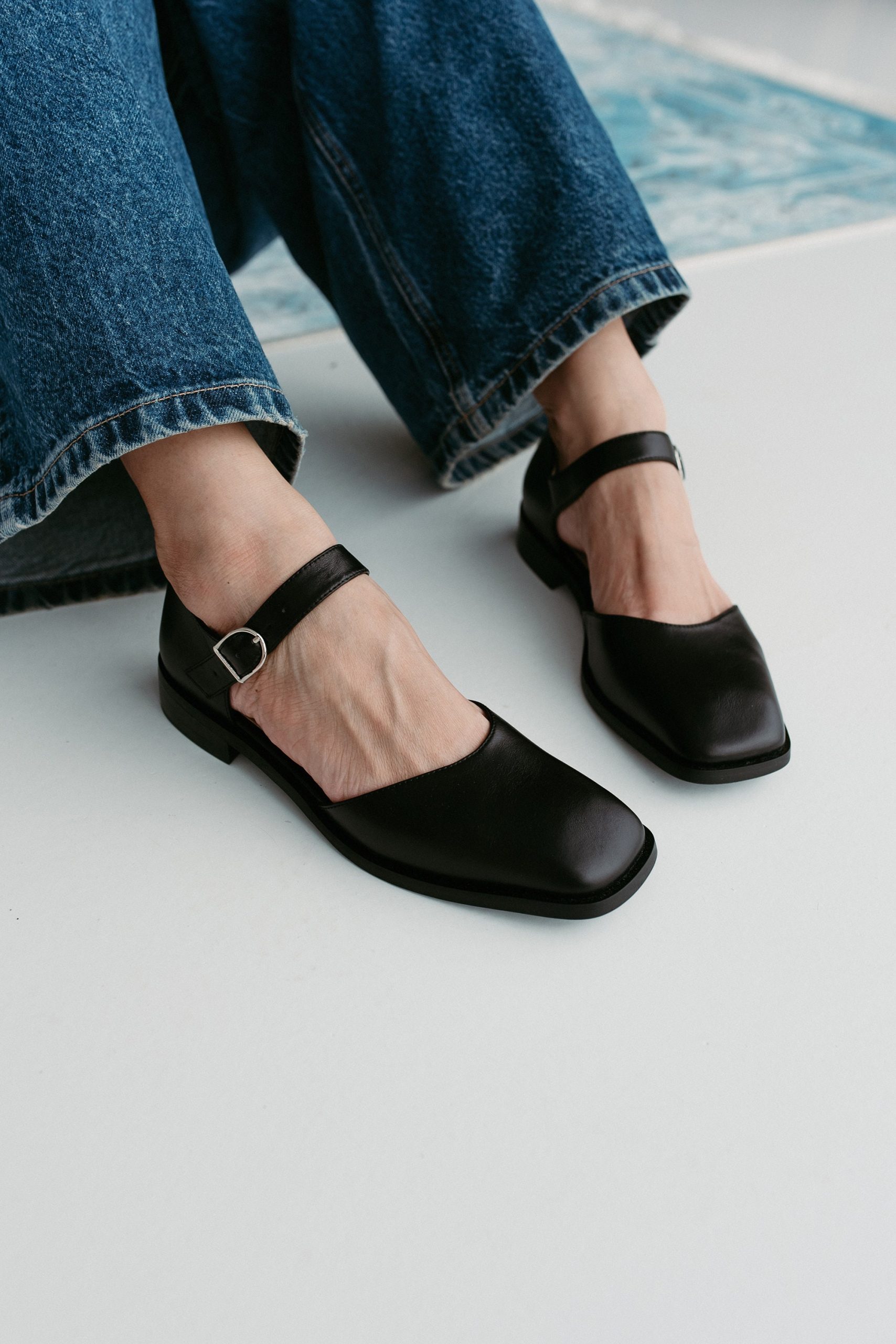 Black Mary Janes With Square Toe in Genuine Leather, Women Shoes, Low Block Heel Jane Ankle Strap, Wide Ballet Flats Silver Buckle