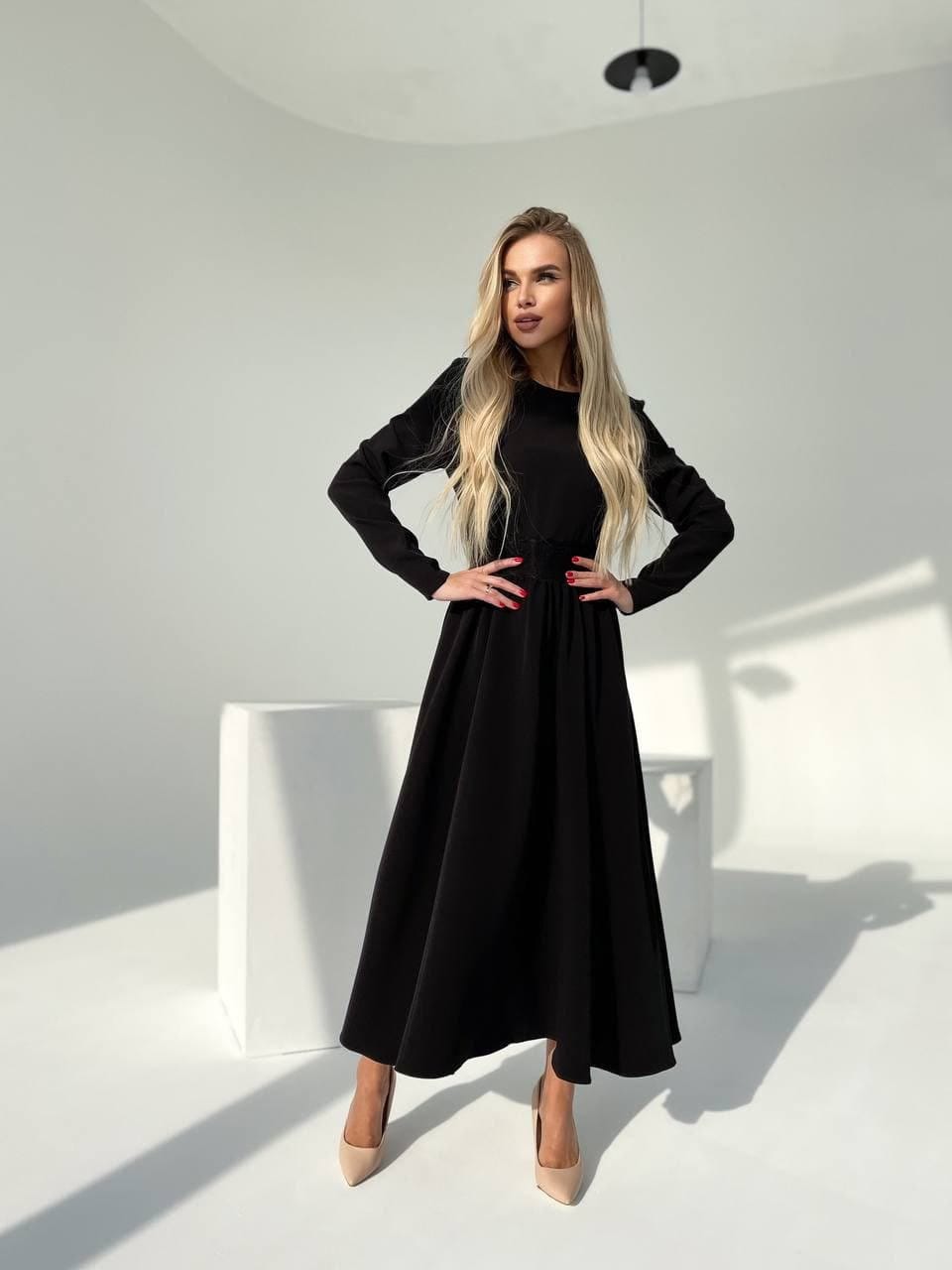 Black Midi Modest Dress For Women, Fit & Flare Midi Dress With Circle Skirt, Long Sleeve Modest