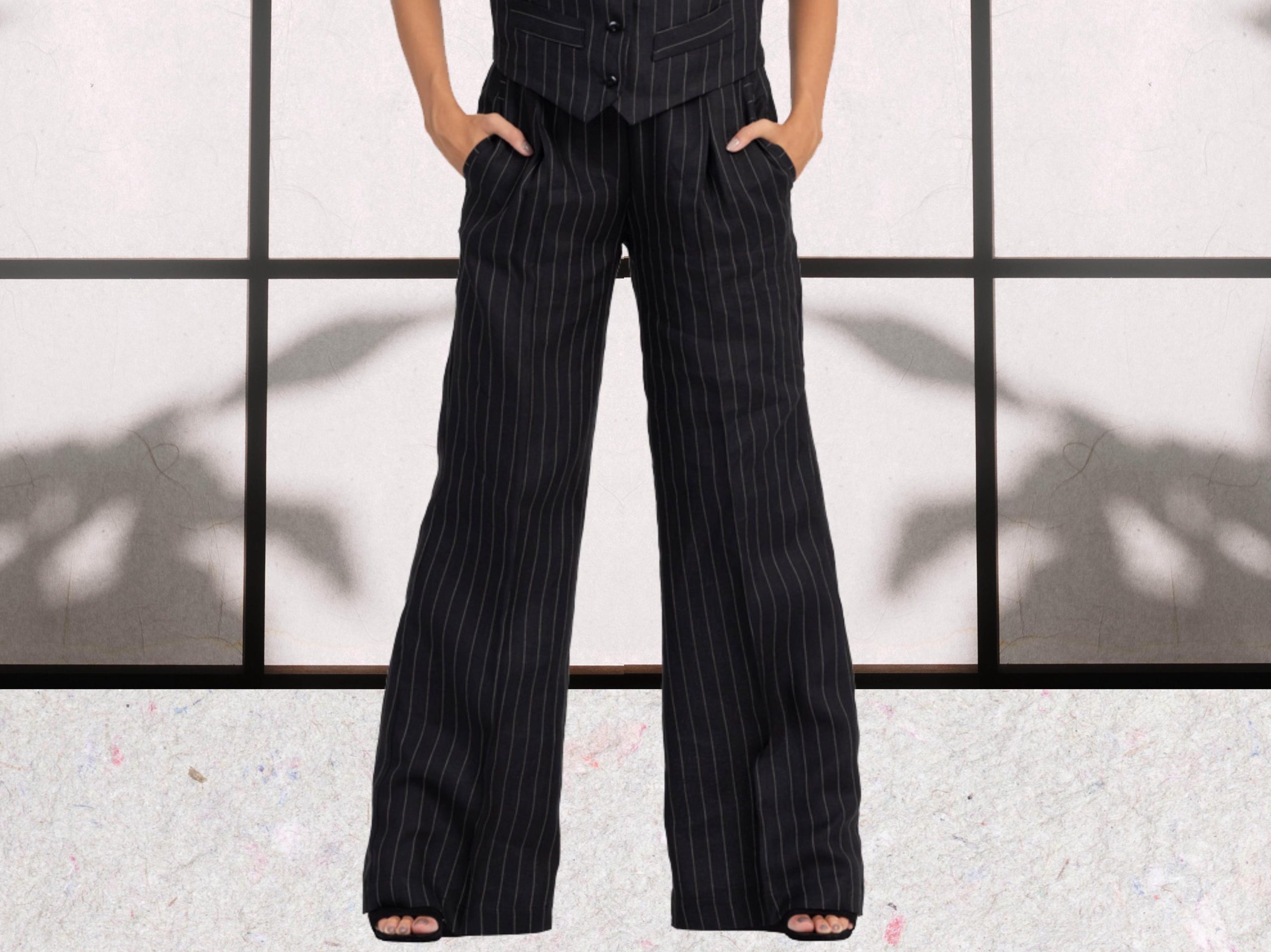 Black Pinstriped Print Pants, Feminine Masculine Suit Trousers, Women's Tailored Tapered Baggy Wide Leg Pants For Ladies