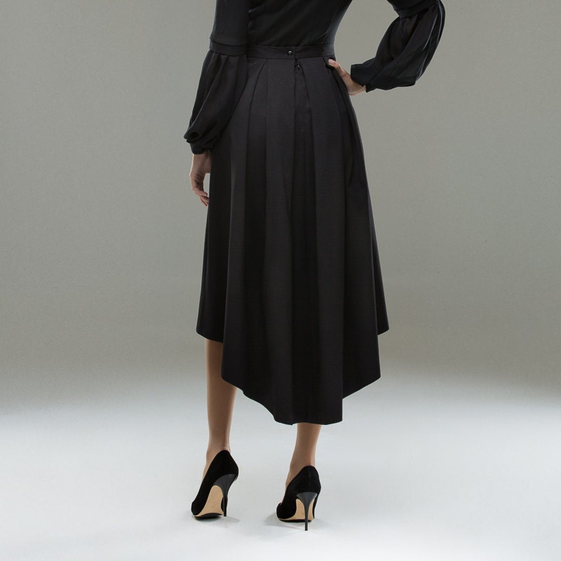 Black Pleated Asymmetric Midi Skirt Viola Only Custom Order/ Elegant/Exclusive