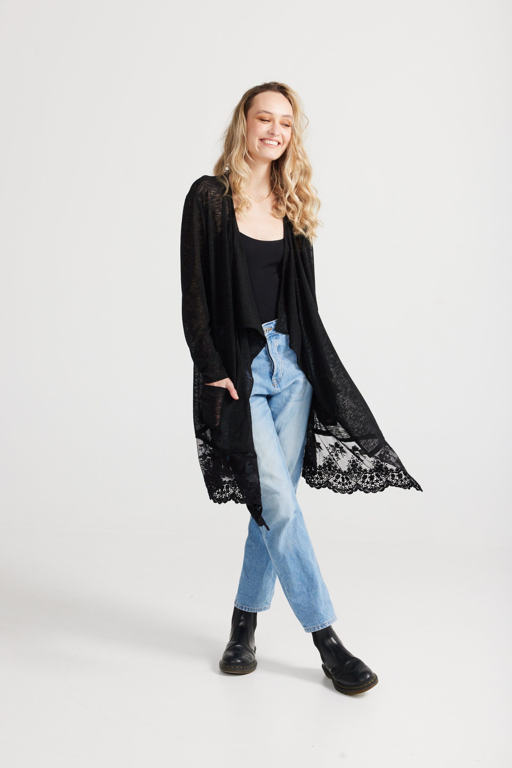 Black Poet Cardigan. Lace Edged Cardigan. Long Wrap Loose Fit Coat. Lace Black Cardigan