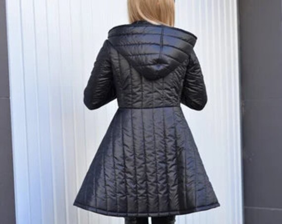 Black Puffer Jacket Steampunk Clothing Hooded Winter Midi Formal Warm Outwear Comfy Coat