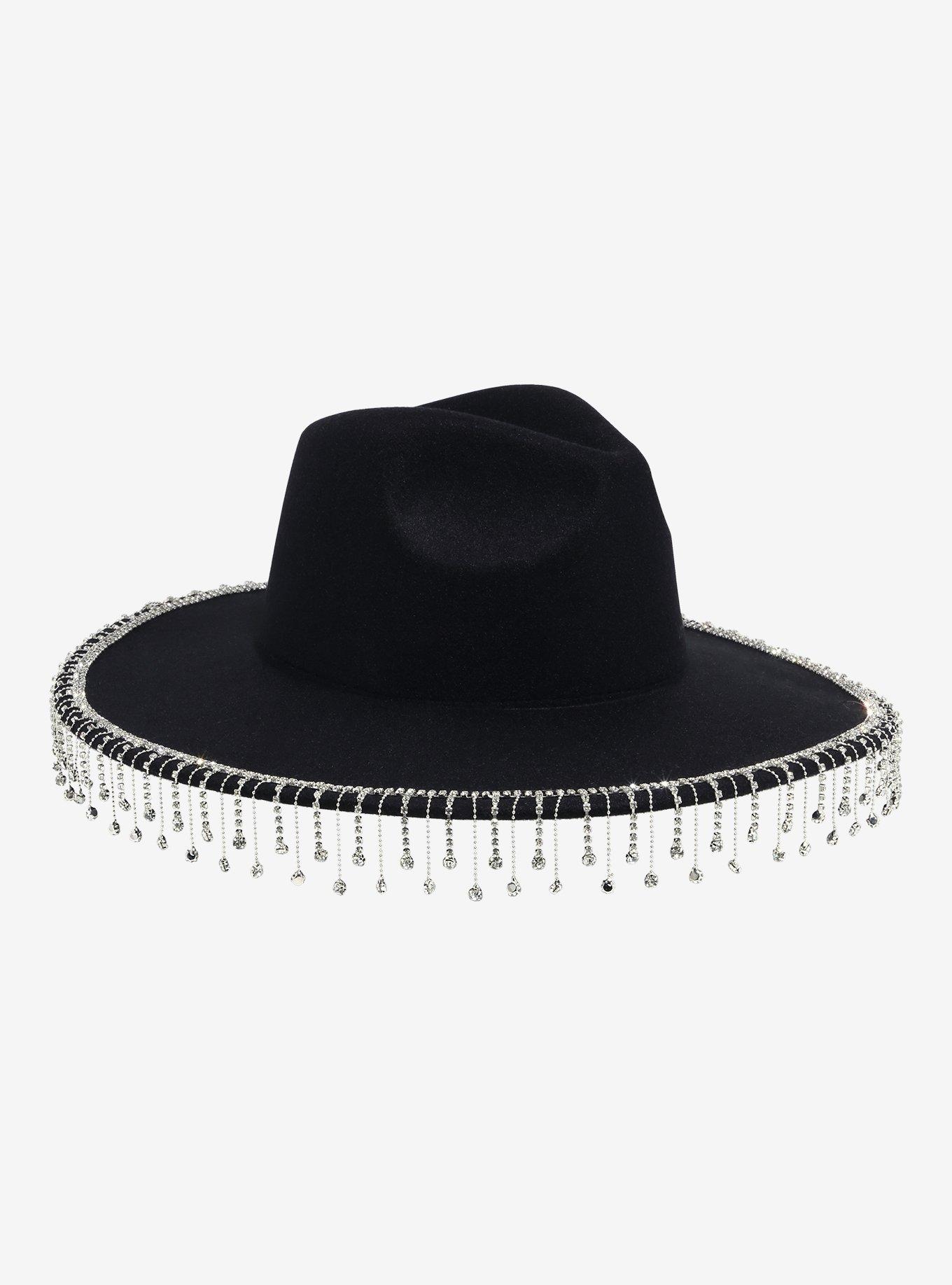 Black Rhinestone Fringe Wide-Brim Hat