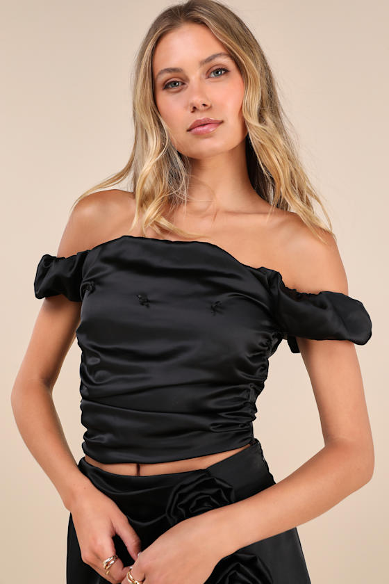 Black Rose Satin Rosette Off-the-Shoulder Puff Sleeve Top