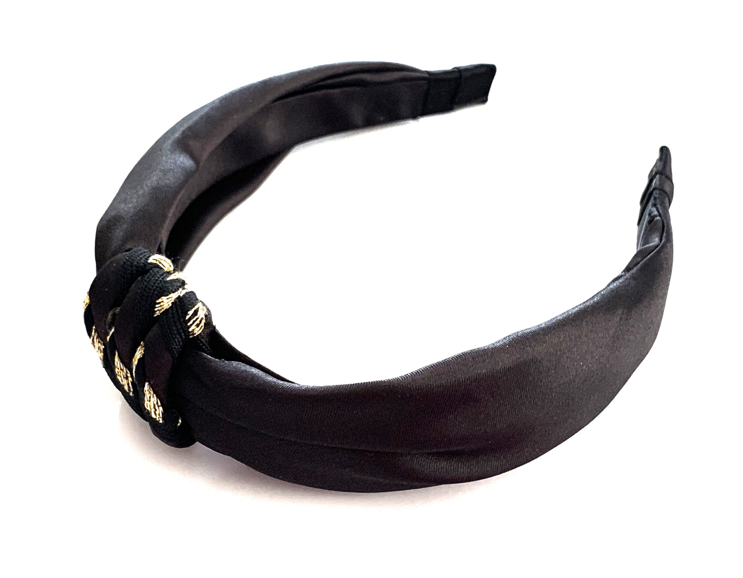 Black Satin Padded Pleated Headband With Gold Metallic Cord Wrapped Top