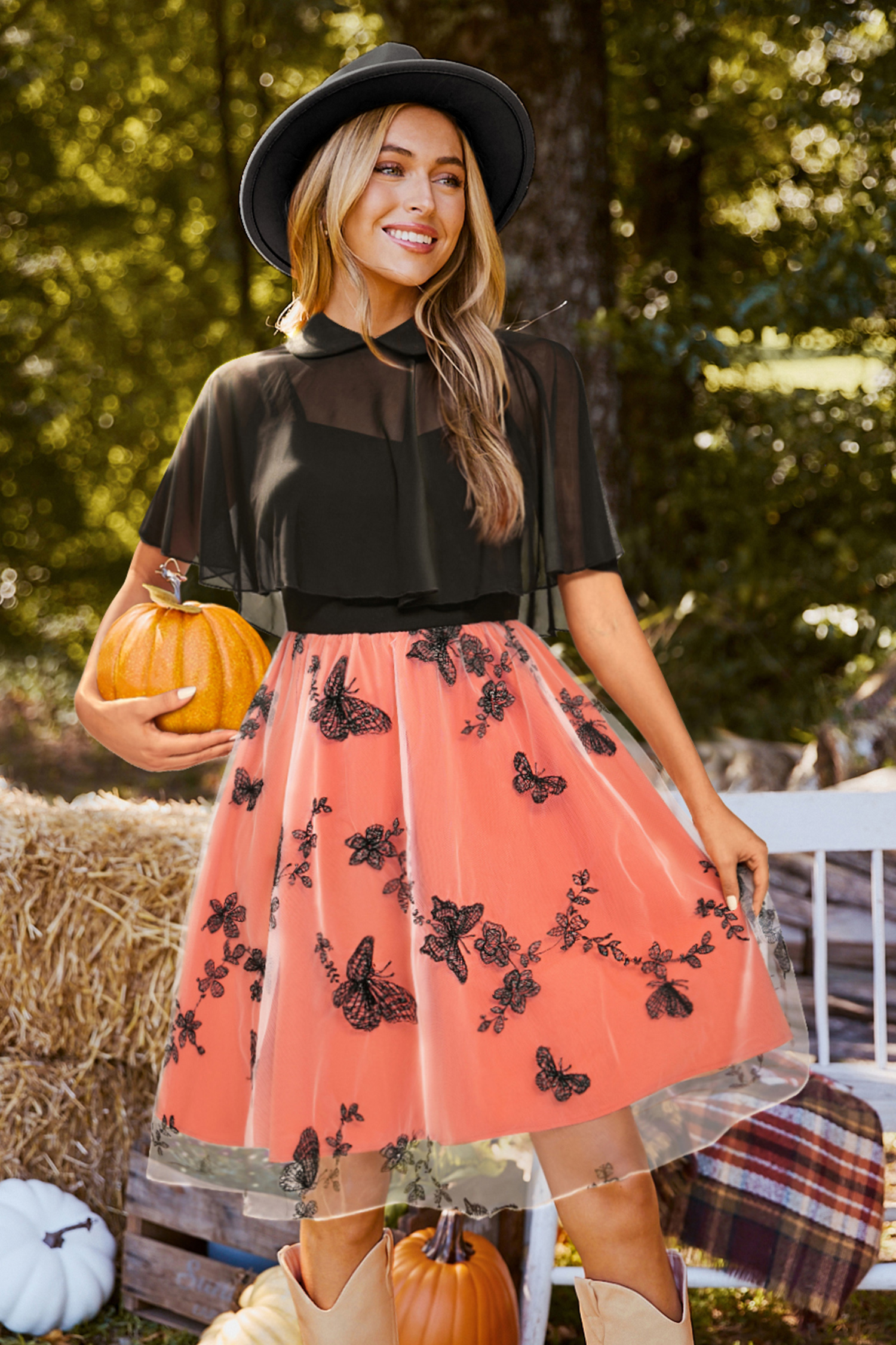 Black Sheer Mesh Top & Orange Butterfly Embroidered Midi Dress - L