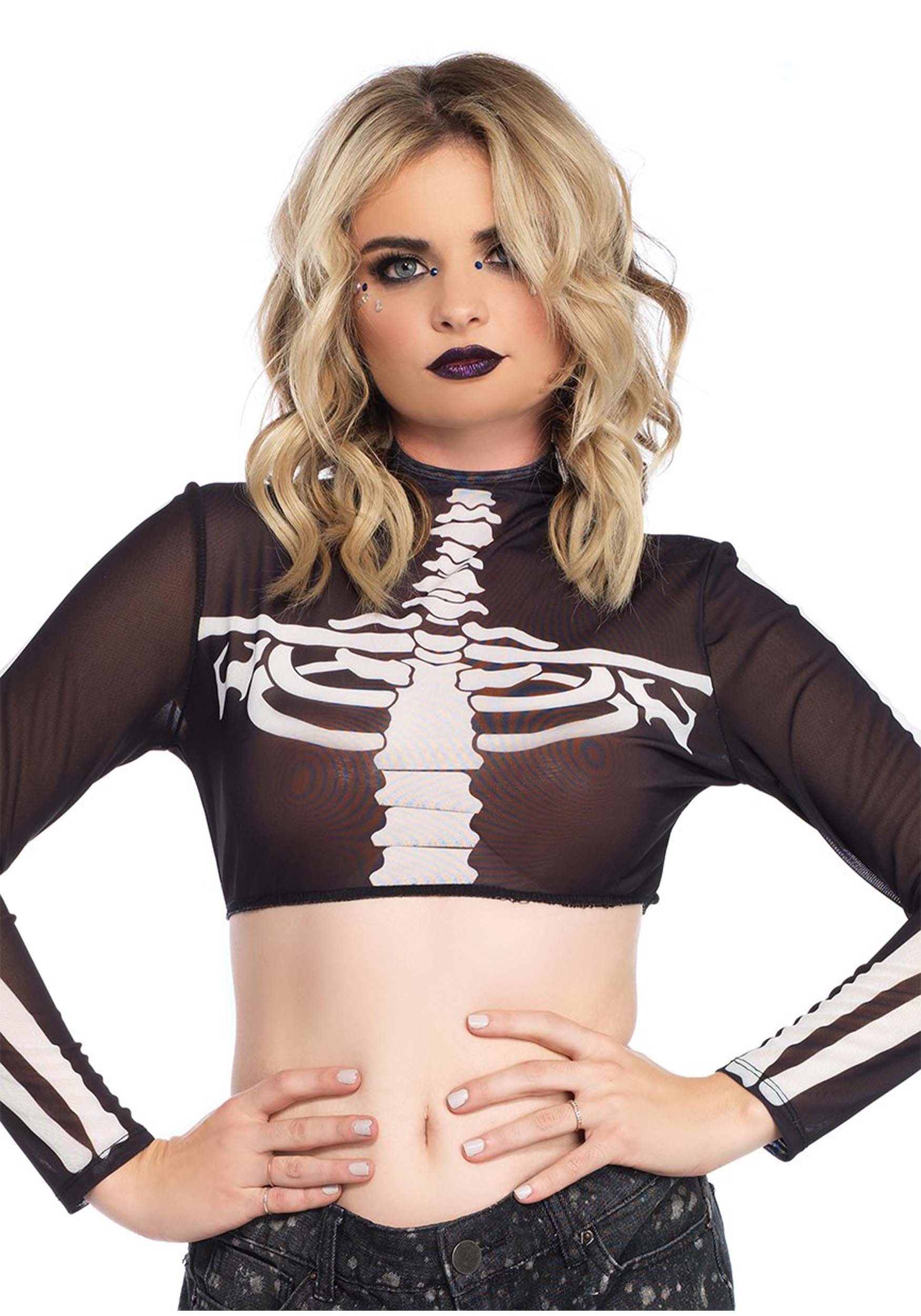 Black Skeleton High Neck Crop Top Fancy Dress Costume for Women