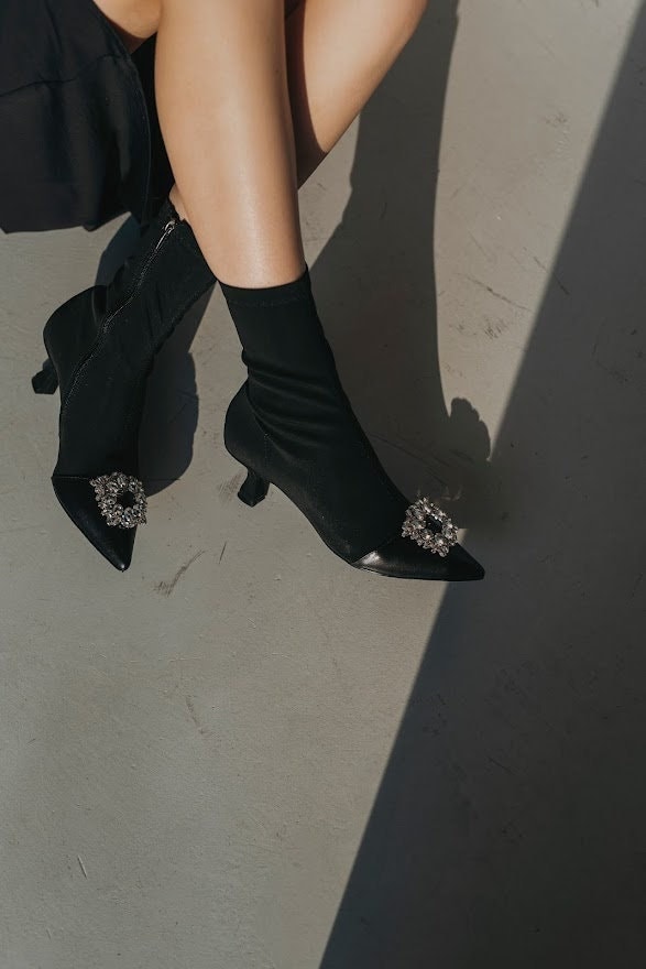 Black Stretch Ankle Boots With Pointy Toe & Low Kitten Heel, Handmade Woman Autumn Booties Crystal Brooch, Vegan