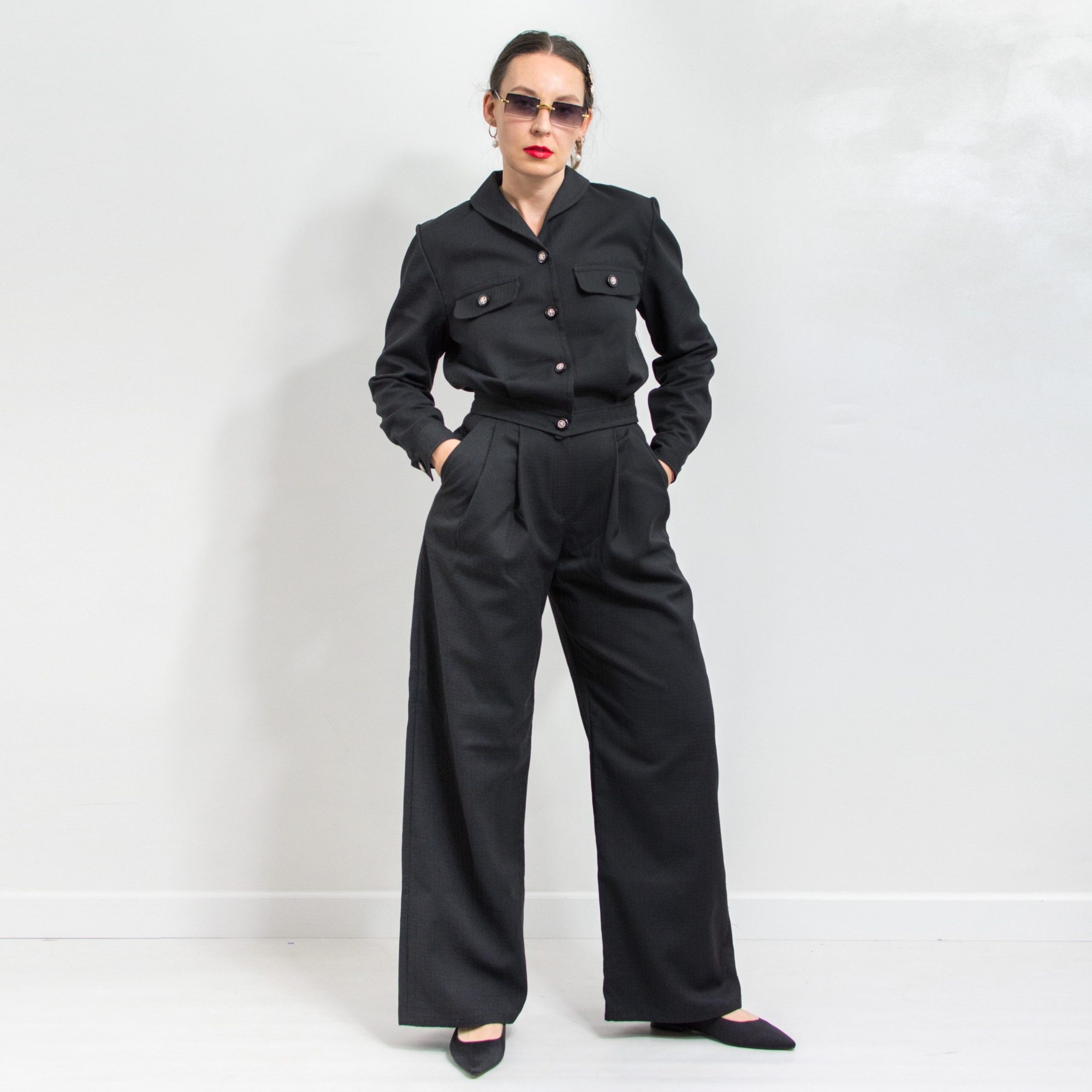 Black Tailored Wool Suit Pants & Blazer Matching Set Women Size M