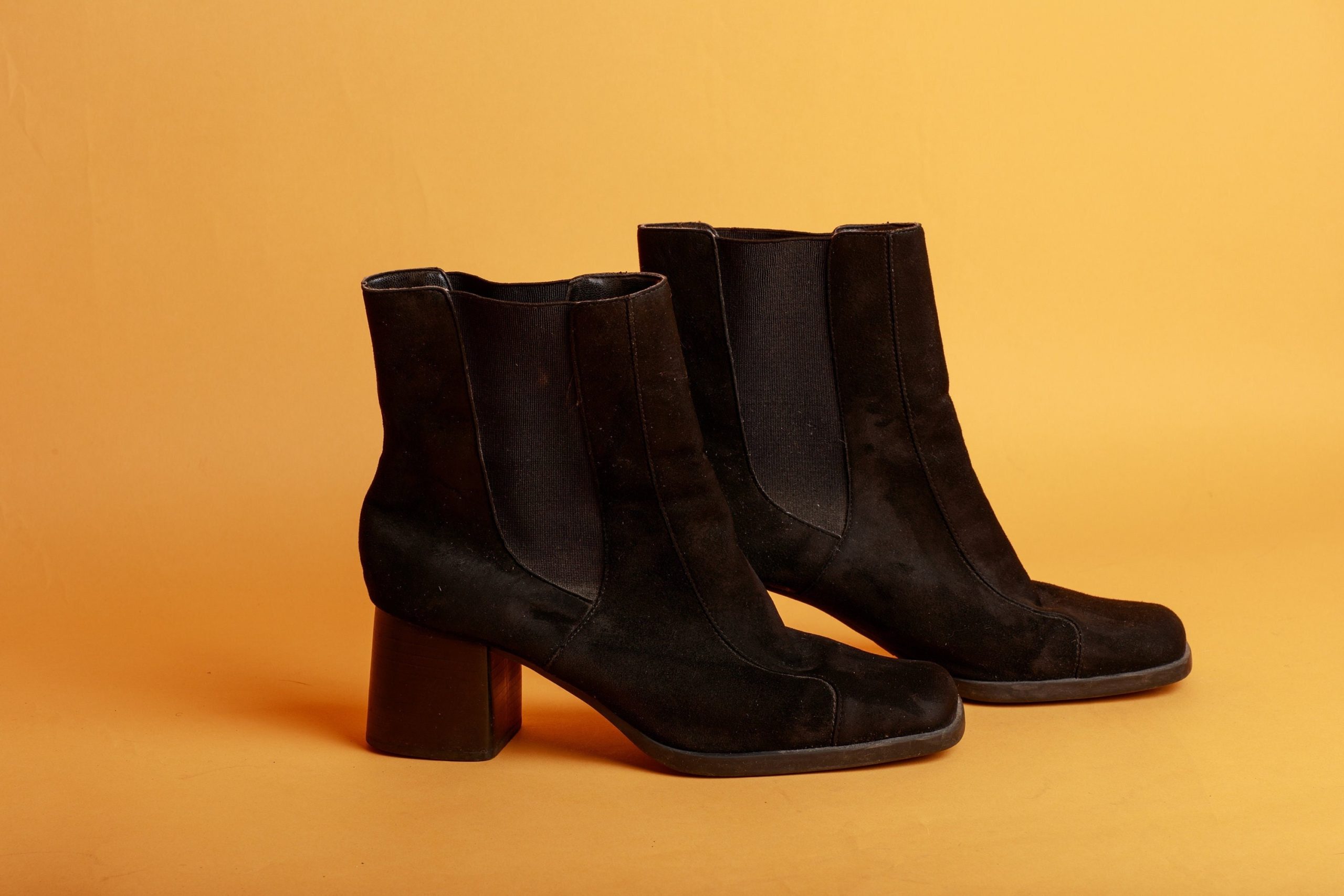 Black Velvet Chunky Heel Vintage Stretchy Ankle Boots