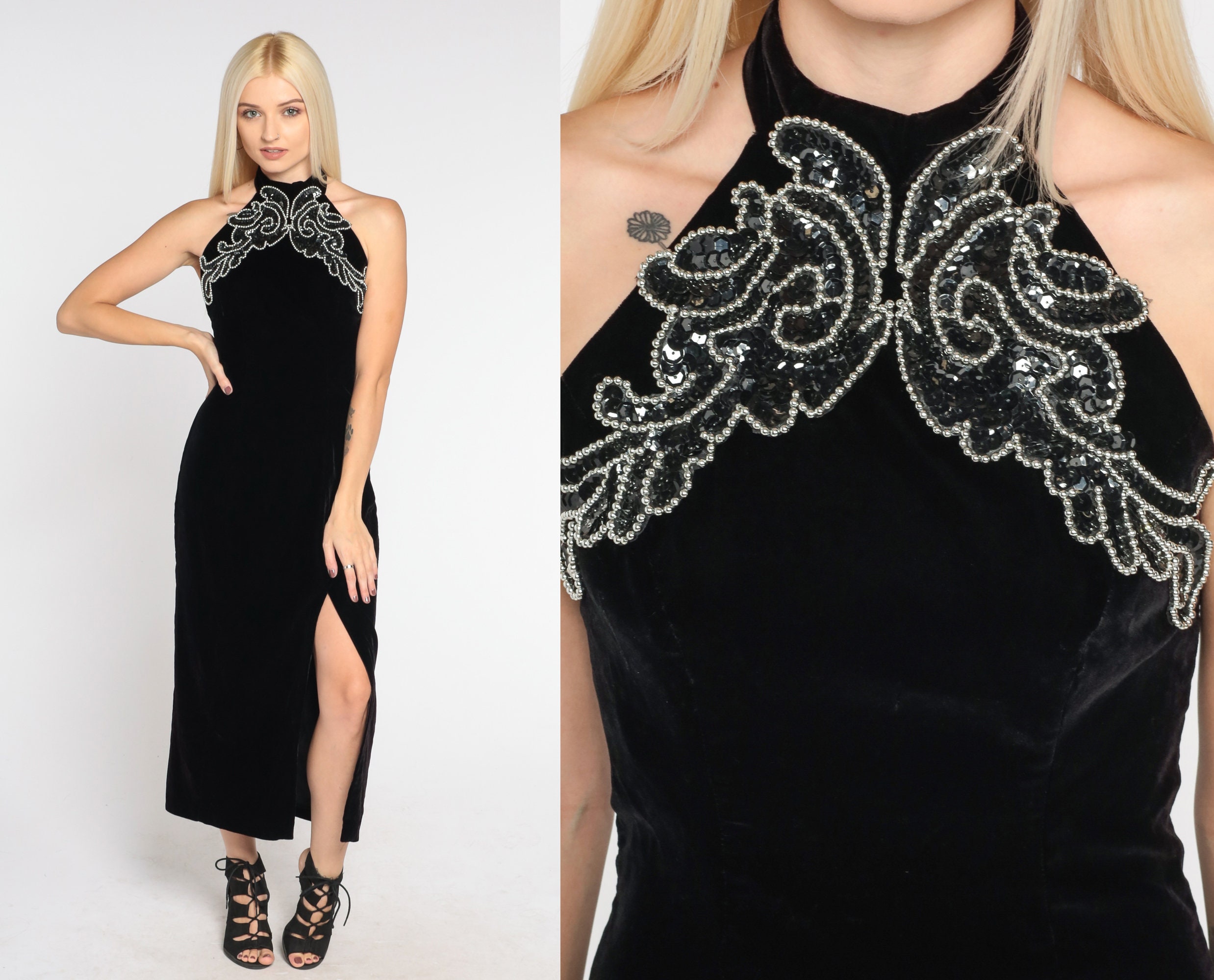 Black Velvet Gown 90S Beaded Party Dress High Halter Neck Slit Open Back Prom Vamp Bodycon Cocktail Goth Vintage 1990S Extra Small Xs