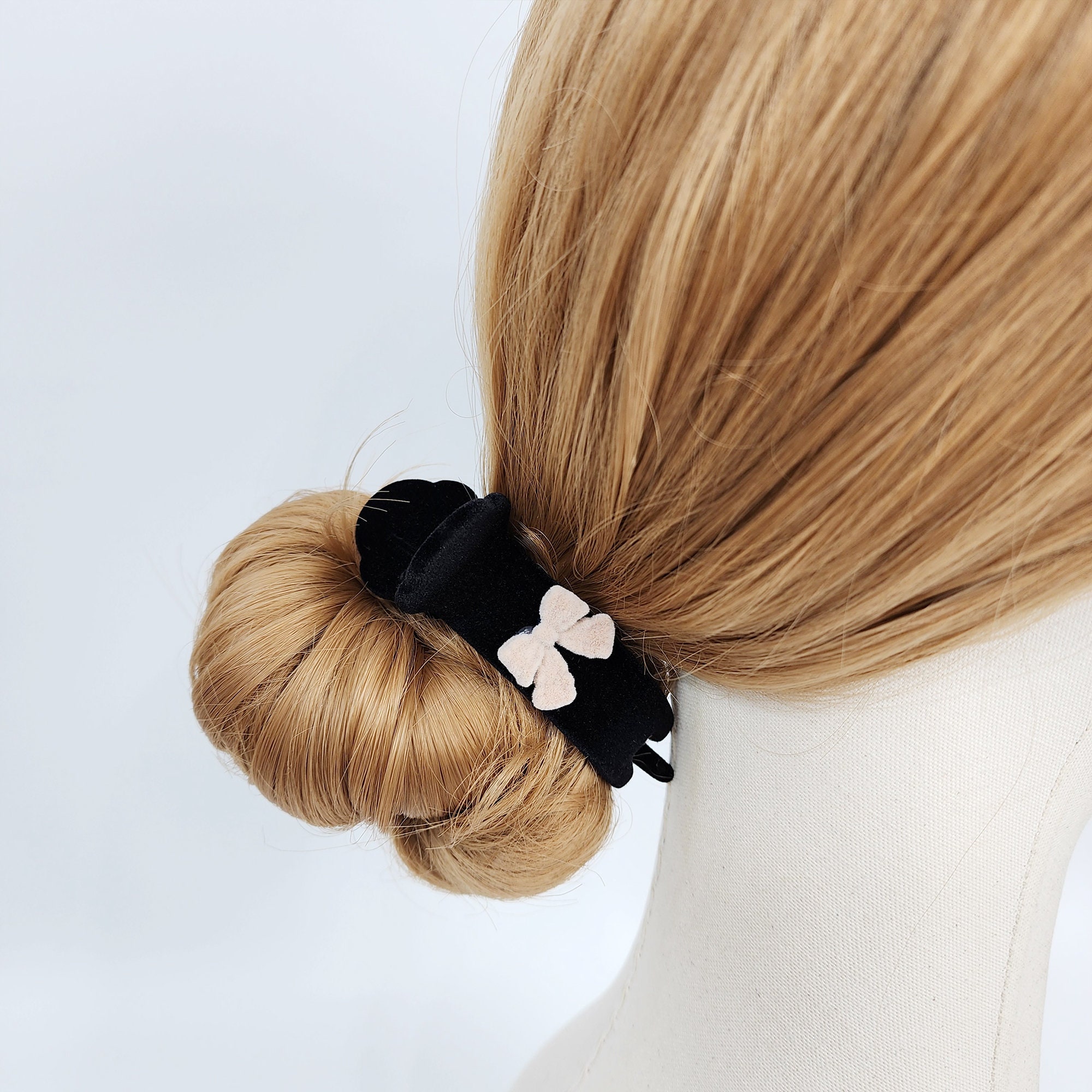 Black Velvet Mini Ribbon Two Leg Low Bun Hair Claw Clip/Medium Size Ponytail Holder Barrette For Woman