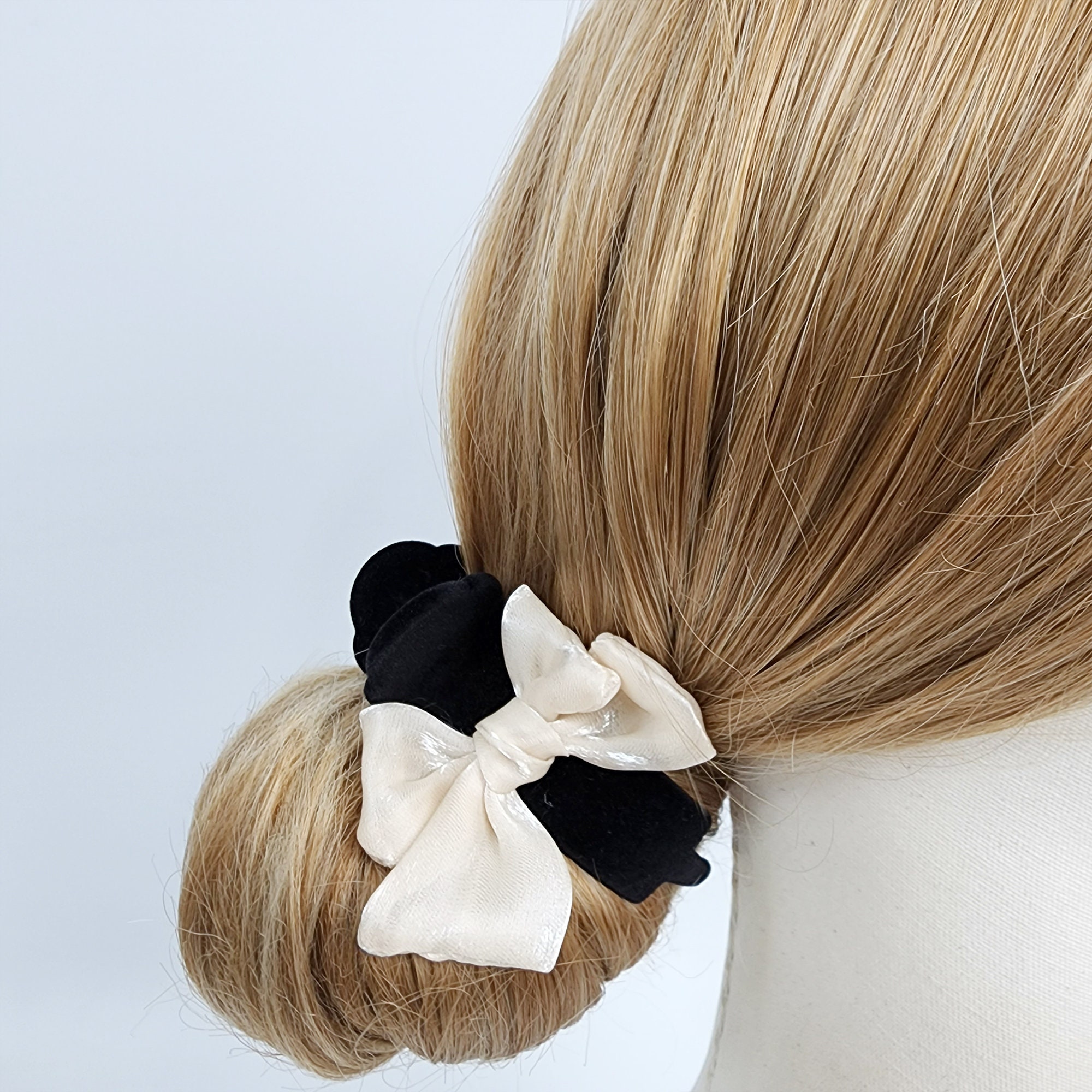 Black Velvet Organza Ribbon Two Leg Low Bun Hair Claw Clip/Medium Size Ponytail Holder Barrette For Woman