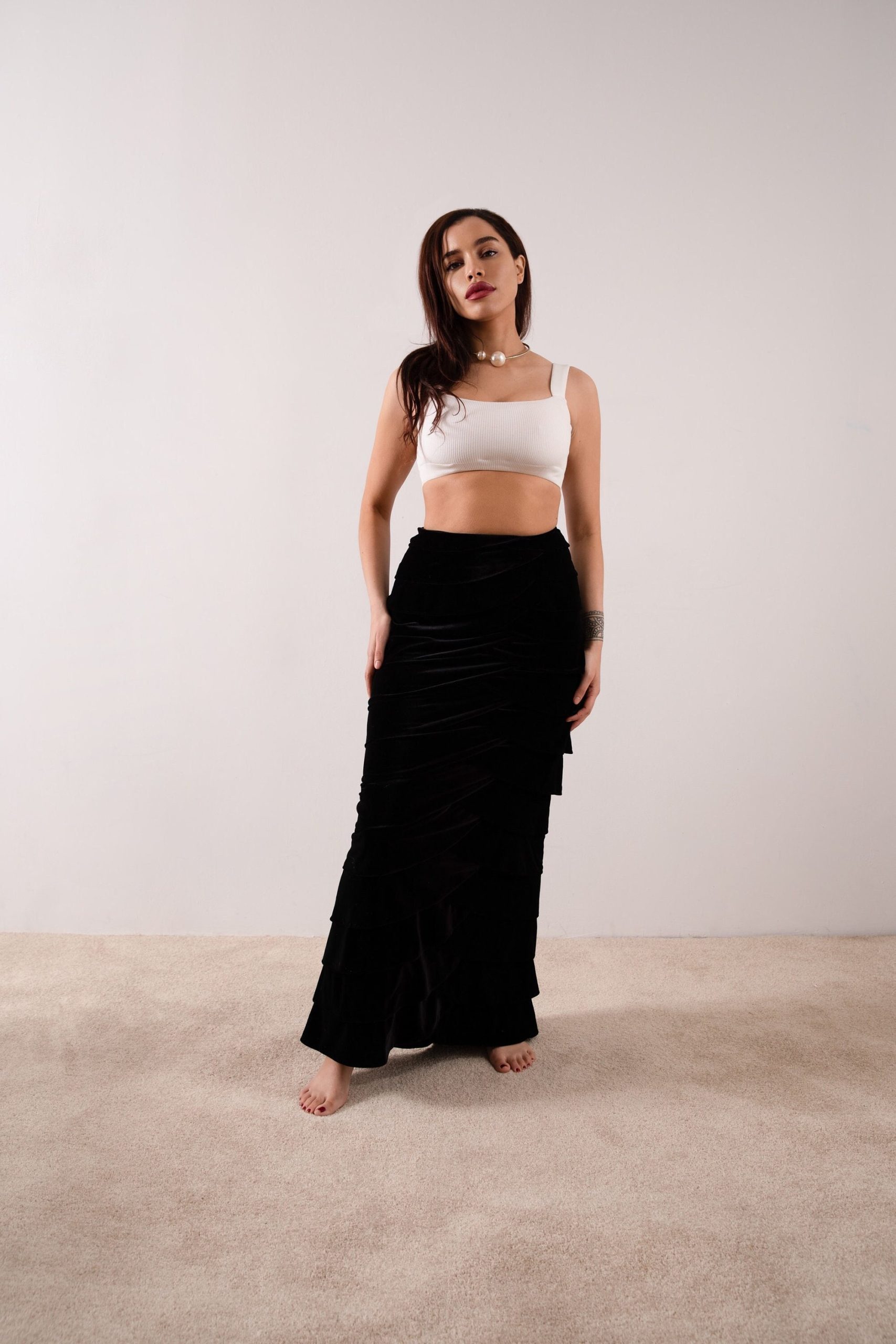 Black Velvet Tiered Maxi Skirt