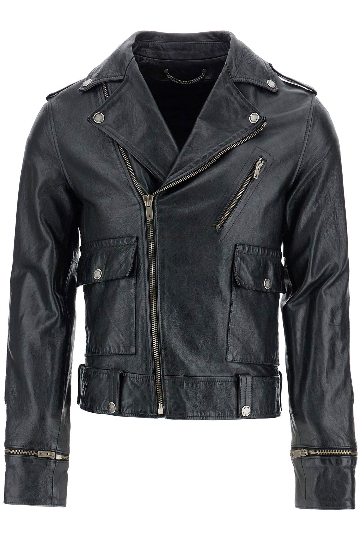 Black Waxed Leather Biker Jacket With Zip