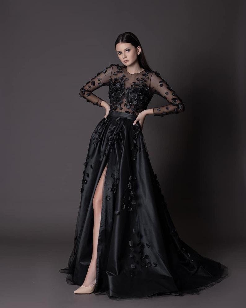 Black Wedding Dress Long Sleeves, Floral Bridal Gown Gray, Unique Dress, Fairy Dresses For Bride, Flower A-Line, Gothic Gowns