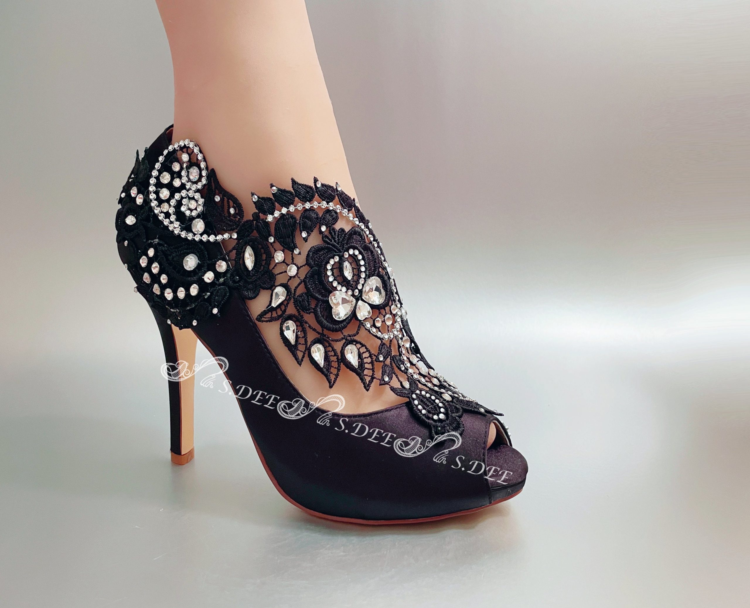 Black Wedding Shoes For Bride S.dee Satin Peep Open Toe Heel Wedges Bridal Lily Of The Valley Lace Pearls Rhinestones Handmade