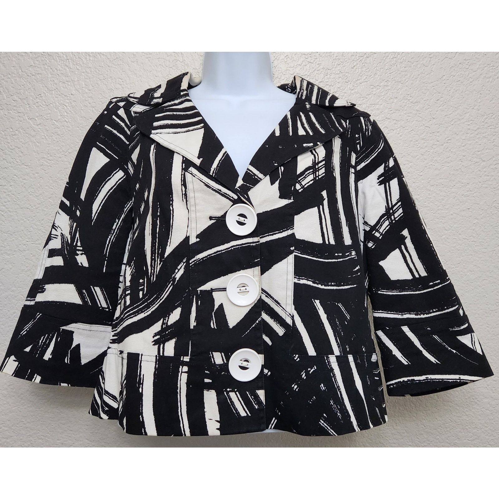 Black White Abstract Print 3 Button Cropped Blazer Large/xl, Women's