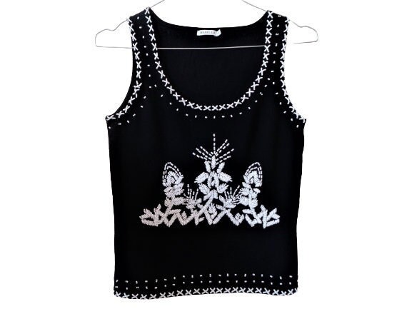 Black White Top Beaded, Embellished Sleeveless Top, Viscose Knite, Marella Italy