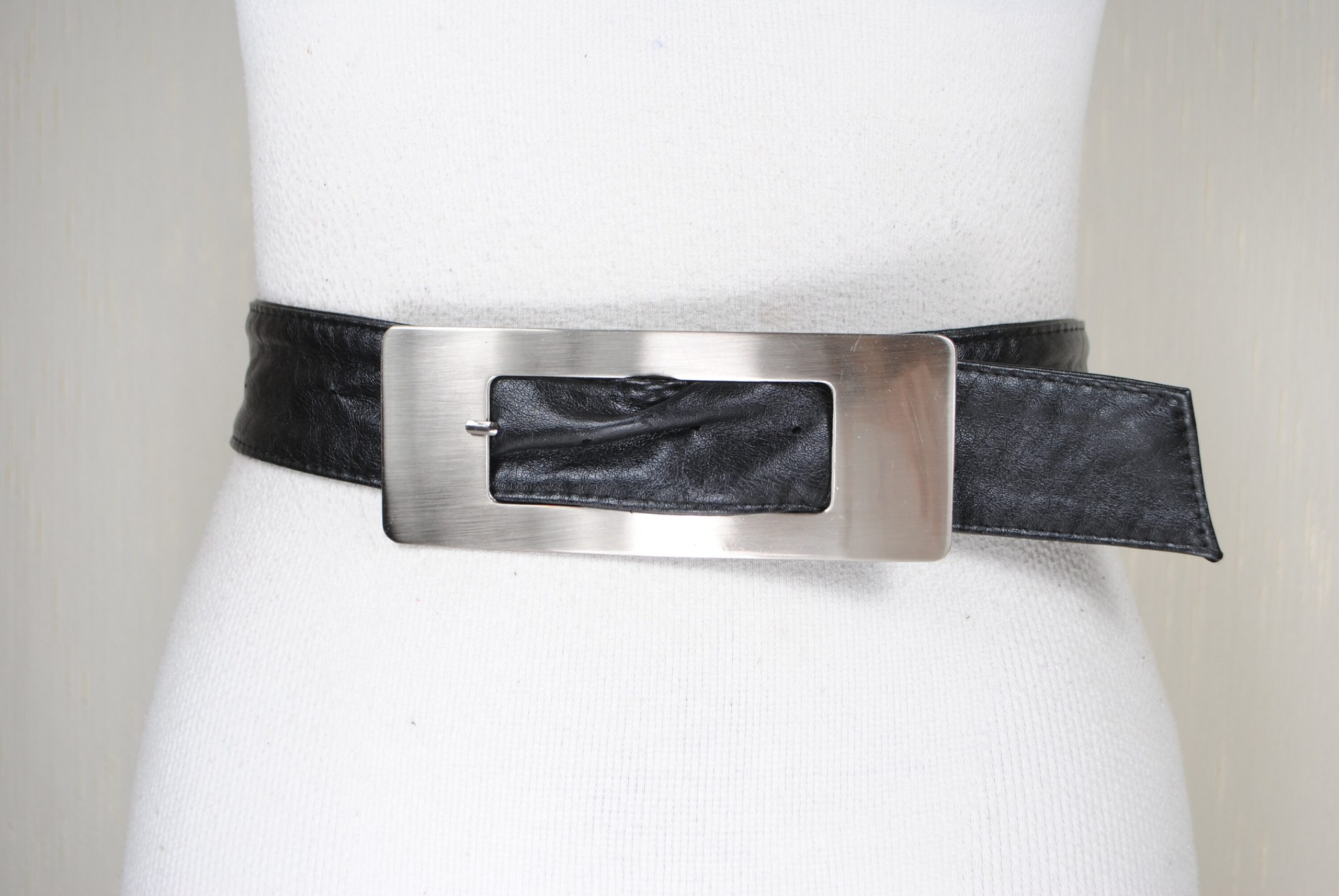 Black Wide Cinch Belt/1980S Black Soft Leather With Silver Rectangular Buckle Shirt Minimalist