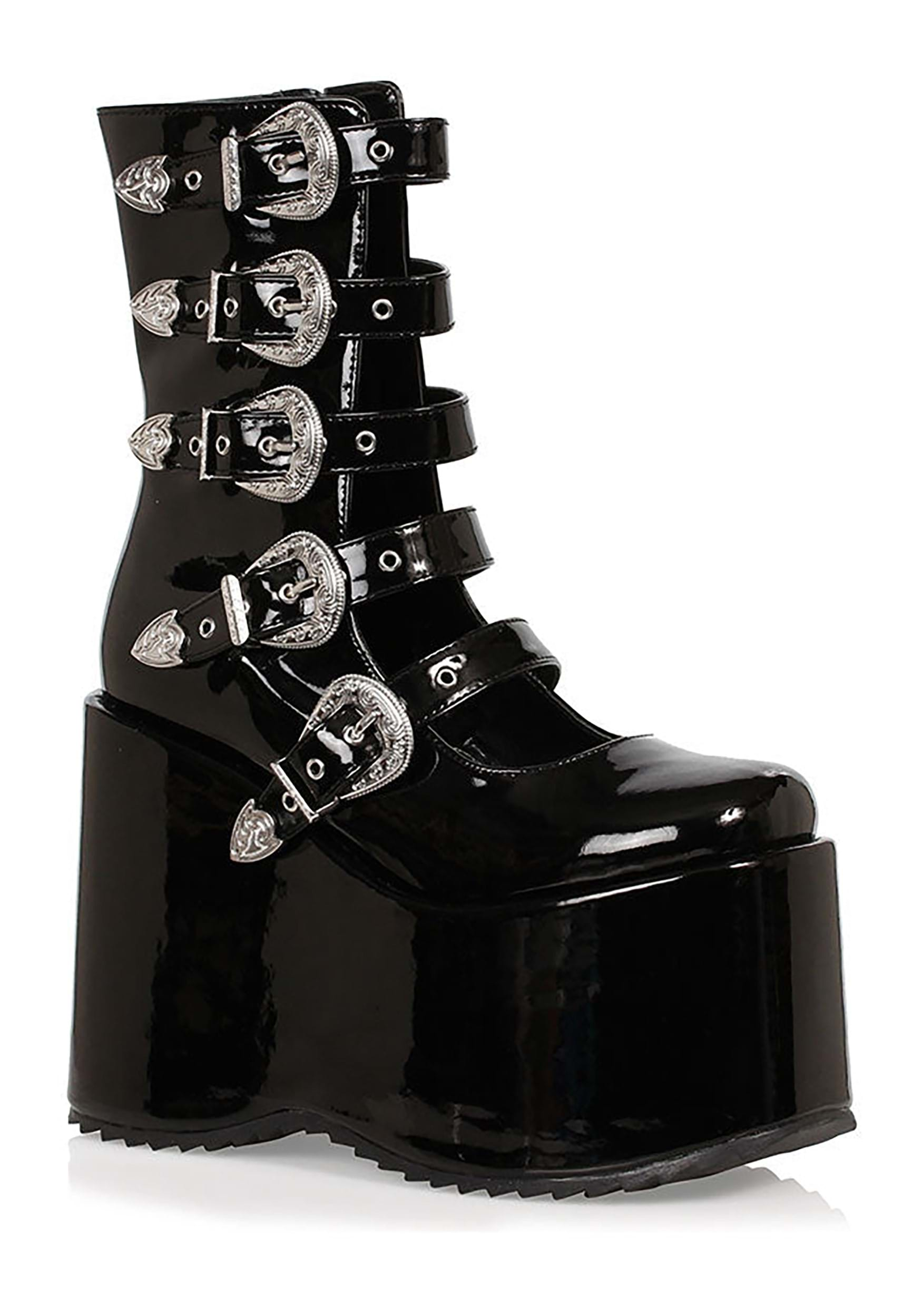 Black Women's Platform Buckle Strap Boots | Adult Costume Shoes