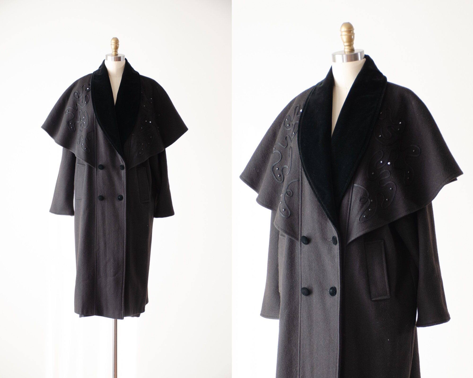 Black Wool Coat | 80S Vintage Basile Dramatic Velvet Embroidered Cape Collar Heavy Warm Overcoat