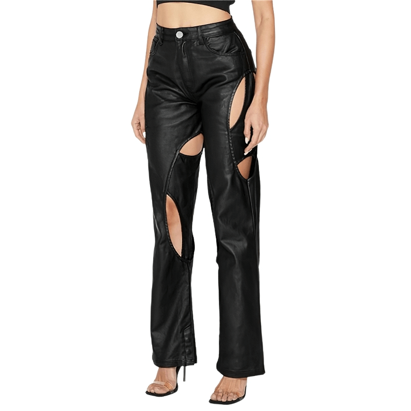 Black Zipper Hollow Out Leather Pants For Women / Fashion High Waist Straight Trousers