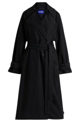 Black stretch-cotton-denim trench coat with painted motif- Black Women's Casual Coats size S