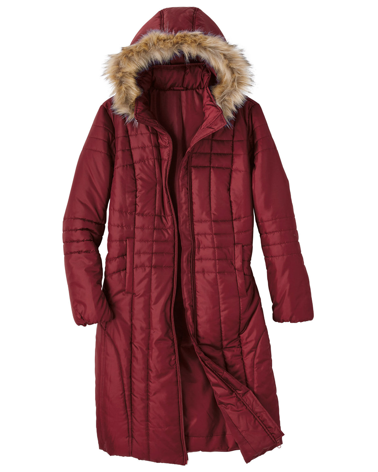 Blair Haband Women's Long Quilted Puffer Jacket with Faux Fur Hood - Red - S - Misses