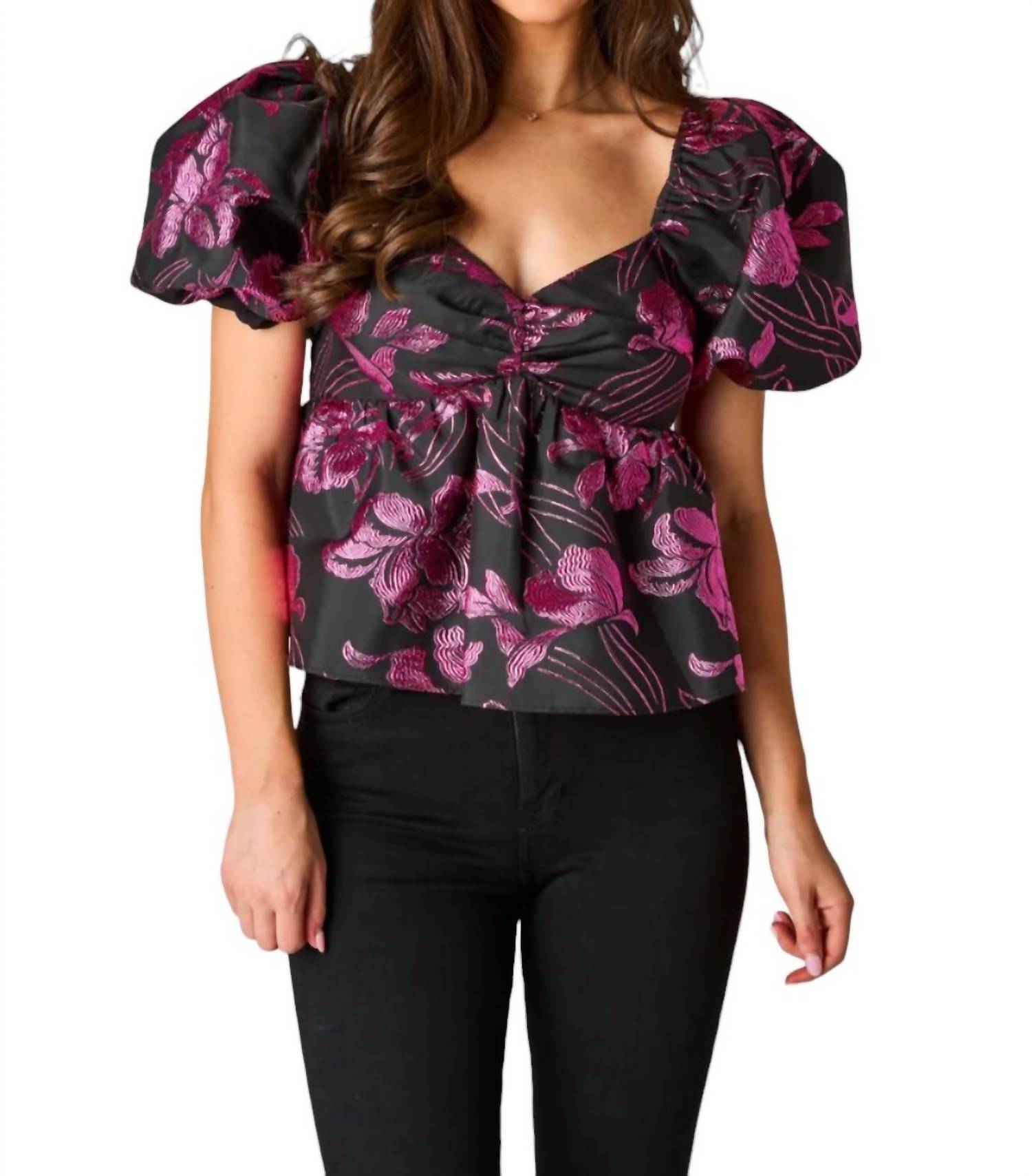 Blakely Peplum Short Sleeve Top In Raspberry Fizz