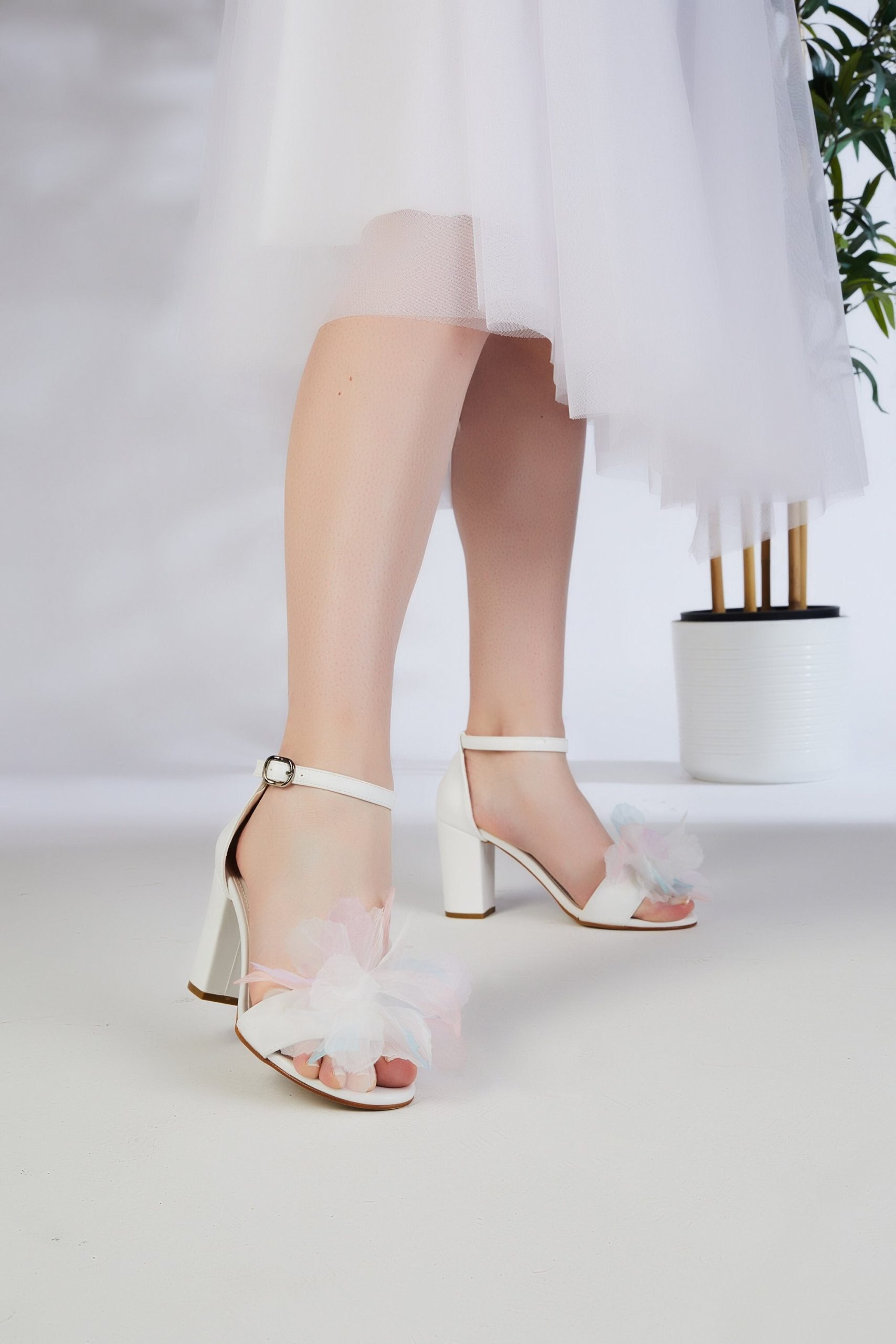 Block Heel Wedding White Shoes White- Women's Wedding - Heels Bridal Shoes Bride Shoes-Wedding Sandals- Flowering