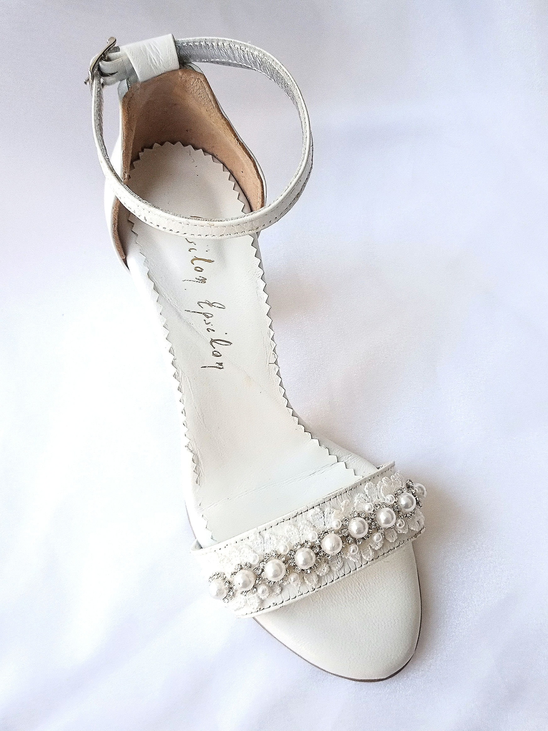 Block Heels White Leather Wedding Sandals/ Crystal & Pearl Bridal Shoes/ Handmade /Made To Order Shoes