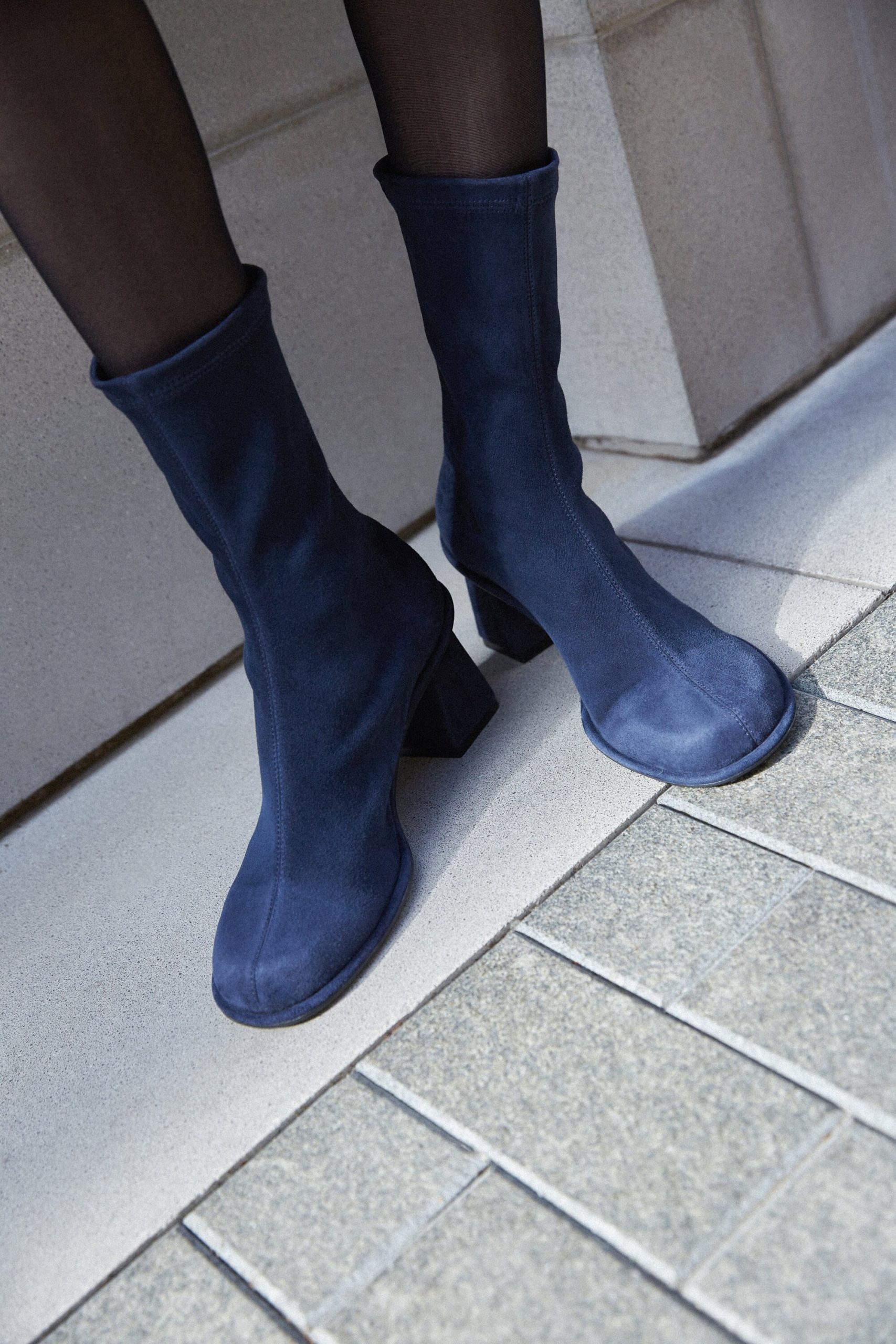 Blue Ankle Boots With Low Block Heel, Women Booties Almond Toe & Zipper, For Women, Vegan Suede Autumn