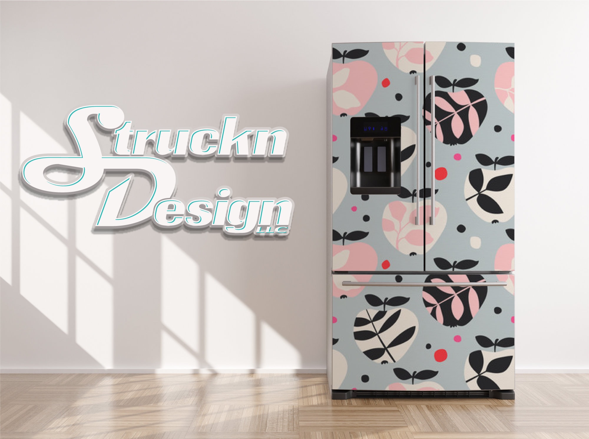 Blue Black Pink Floral Patterned Apple Refrigerator Fridge Freezer Wrap Side By Top Bottom Door Vinyl Mural Skin Decal Removable