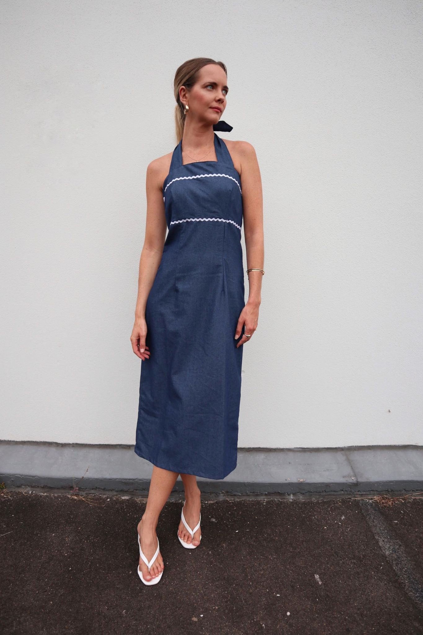 Blue Denim Look Halter-Neck Dress