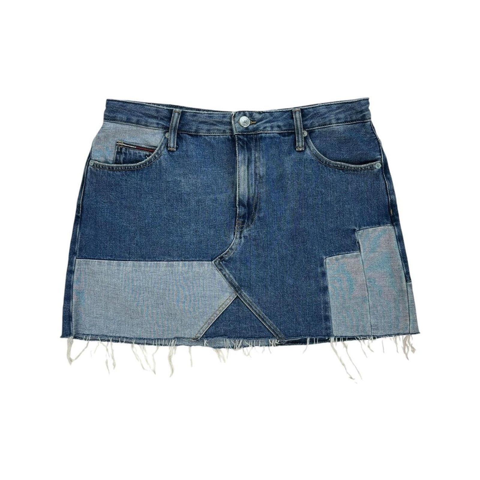 Blue High Waisted Mini Denim Patchwork Skirt Tommy Hilfiger, Women's (Size 33)