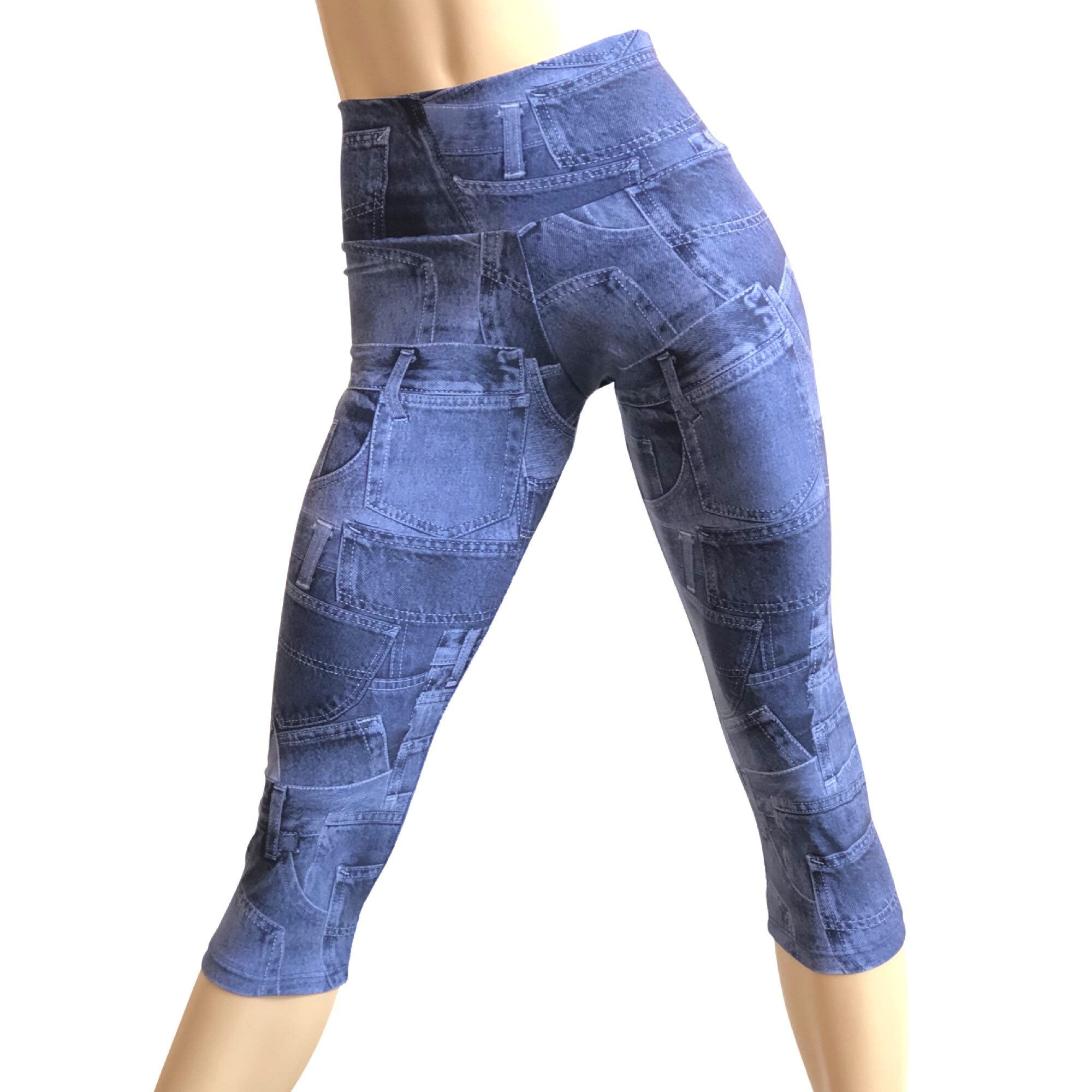 Blue Jean - Jeggings -Long Shorts Yoga Legging Capri Low Mid High Rise Hot Yoga- Sxyfitness Made in Usa