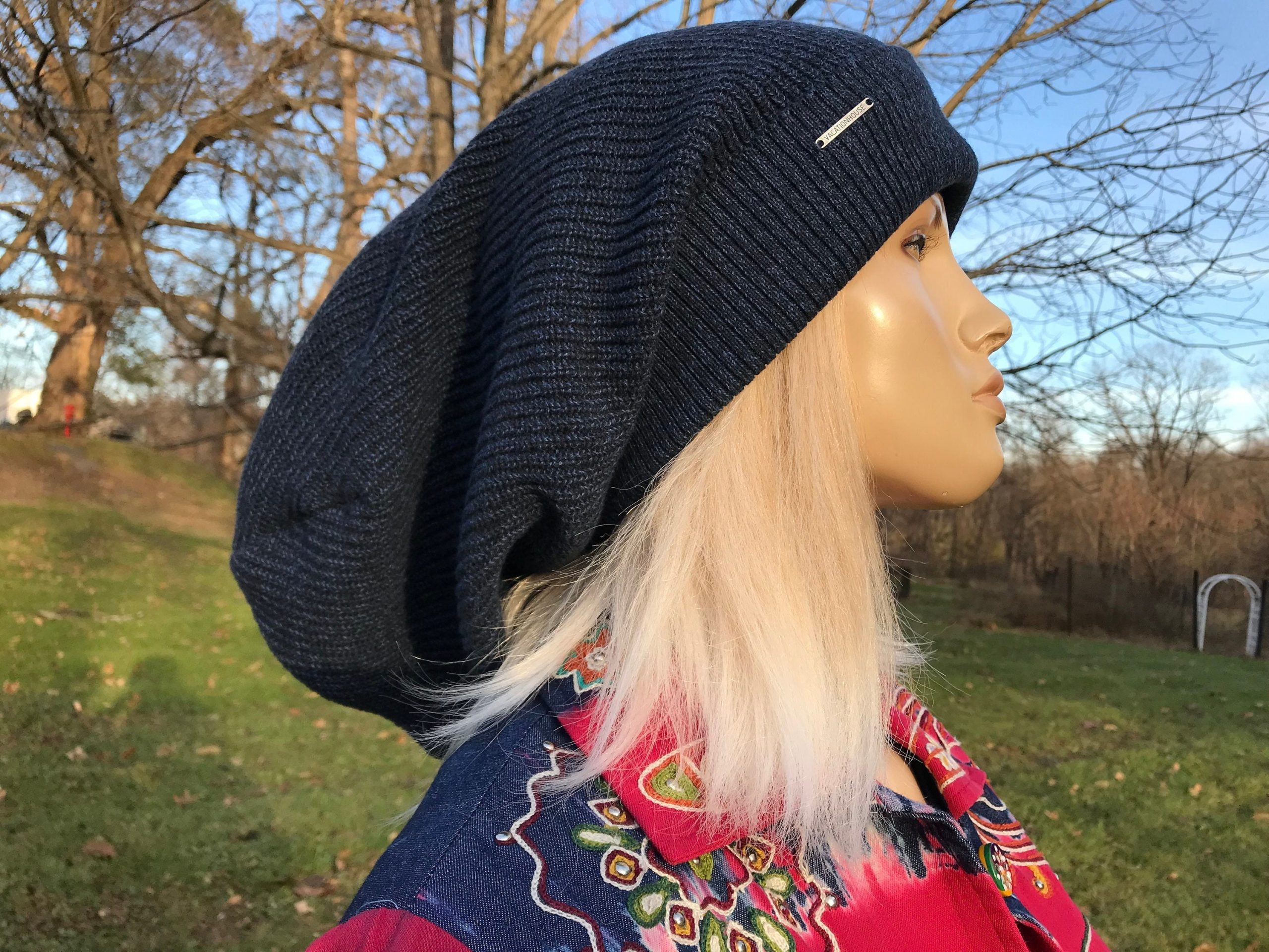 Blue Knit Hat Cotton Big Baggy Tam Oversize Slouch Black, Charcoal Gray, Navy Heather Thick Bulky Chunky Beanie A1894