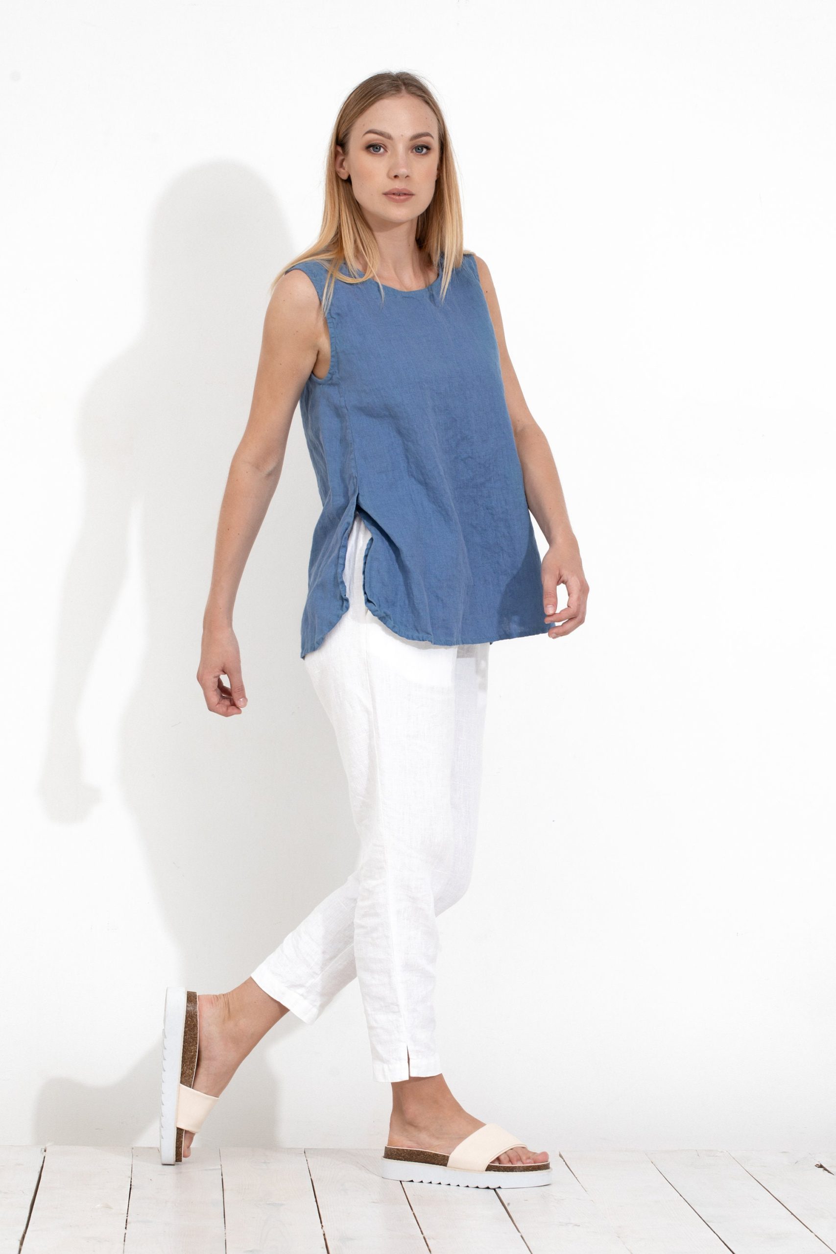 Blue Linen Tank Top/Sleeveless Flax Summer Oversized Roomy Loose Fit Blouse