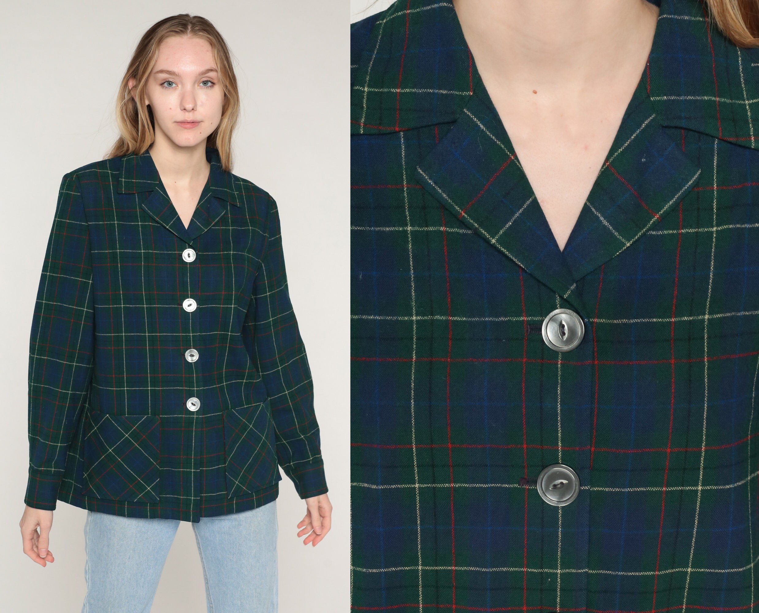 Blue Plaid Jacket Y2K Green Pendleton Wool Button Up Blazer Retro Checkered Print Collared Coat Basic Fall Collar Vintage 00S Small S