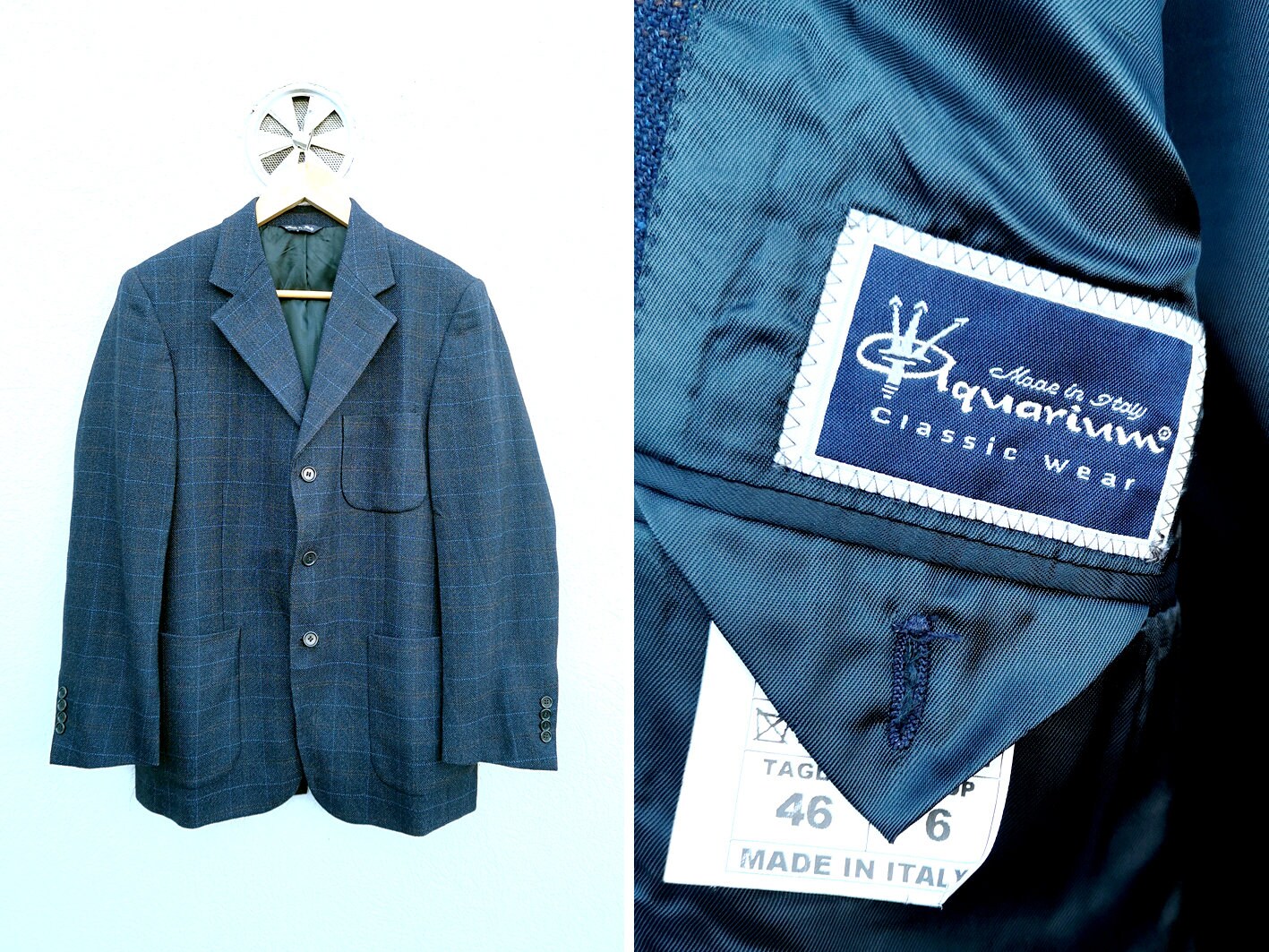 Blue Plaid Sport Coat - Super Lambs Tasmanian Wool Jacket Made in Italy Size 46