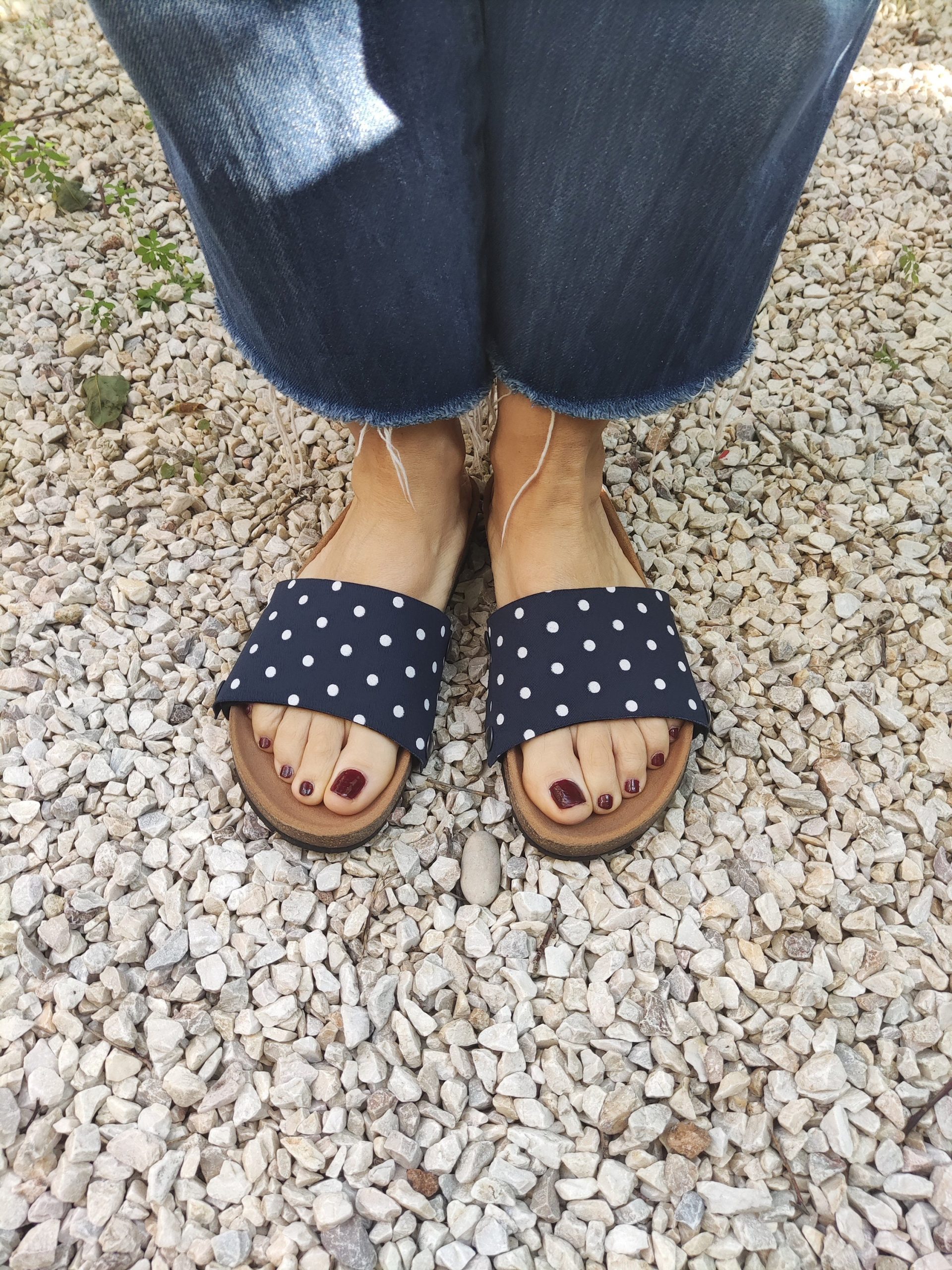 Blue Polka Dots - Covers For The "Ethical Magic Sliders' Made Of Recycled Material, Your Vegan Ucpcyled Sandals